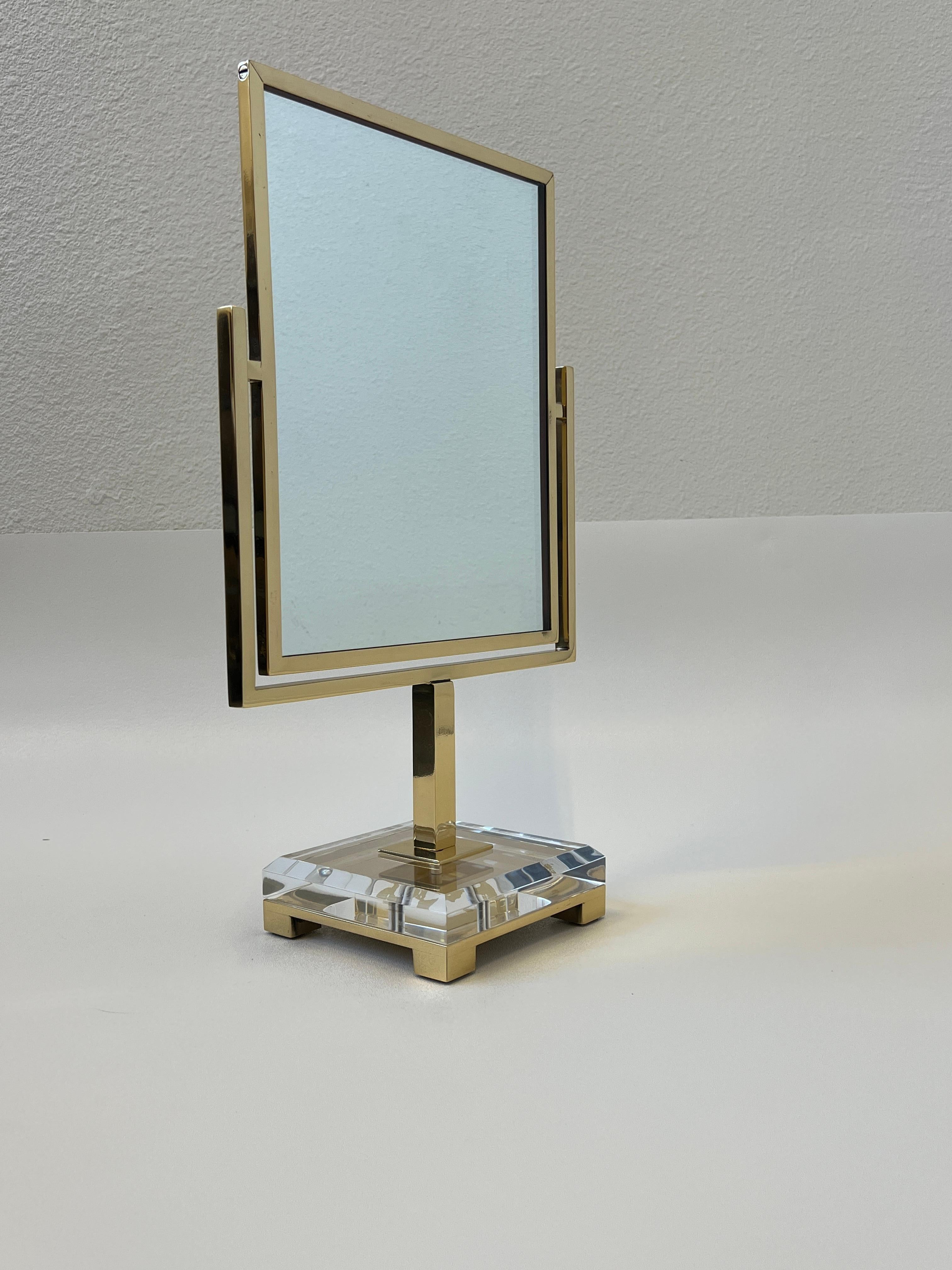 Polished Brass and Acrylic Vanity Mirror by Charles Hollis Jones In Good Condition For Sale In Palm Springs, CA