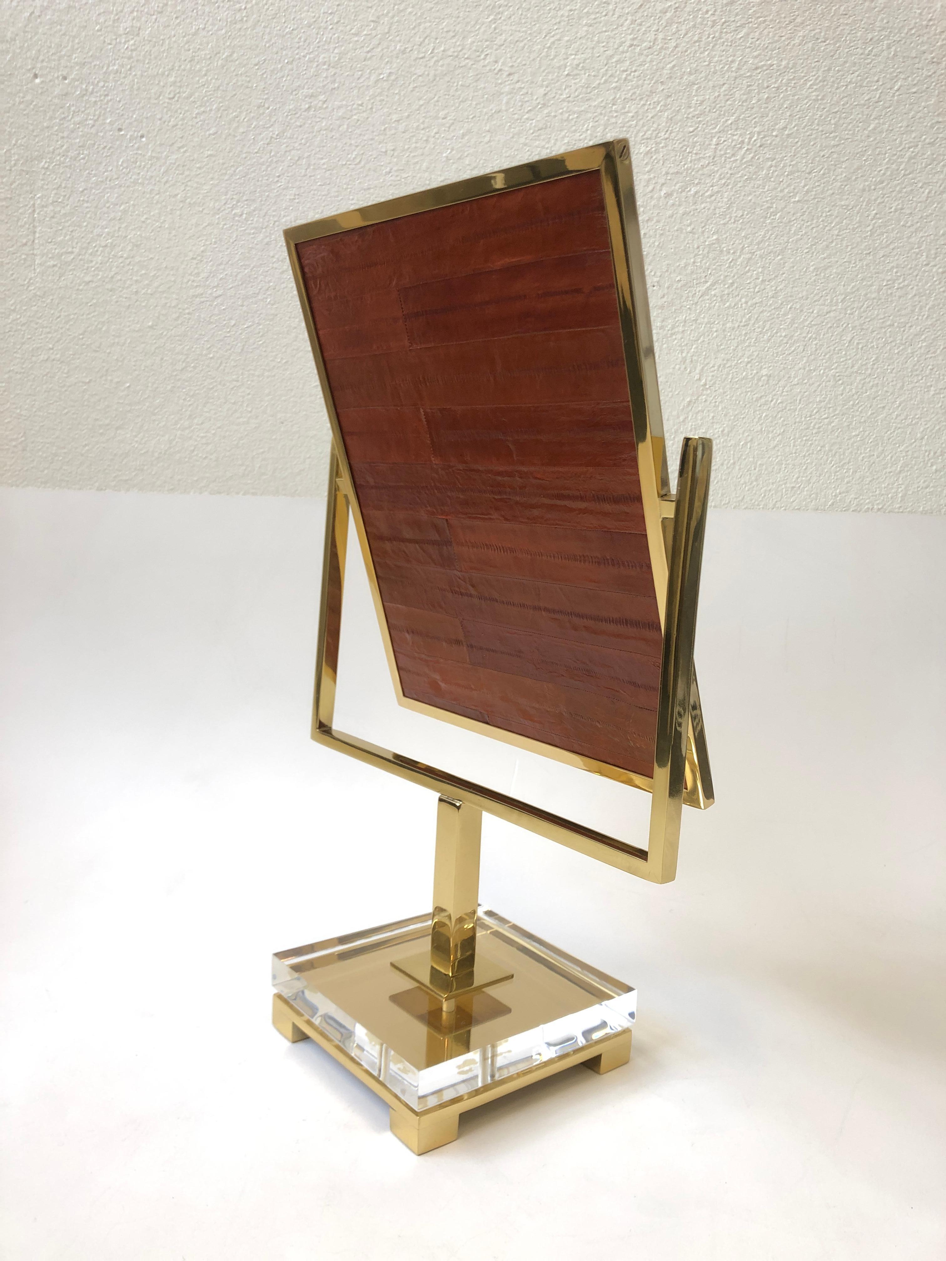 Polished Brass and Acrylic with Red Eel Vanity Mirror by Charles Hollis Jones In Excellent Condition In Palm Springs, CA