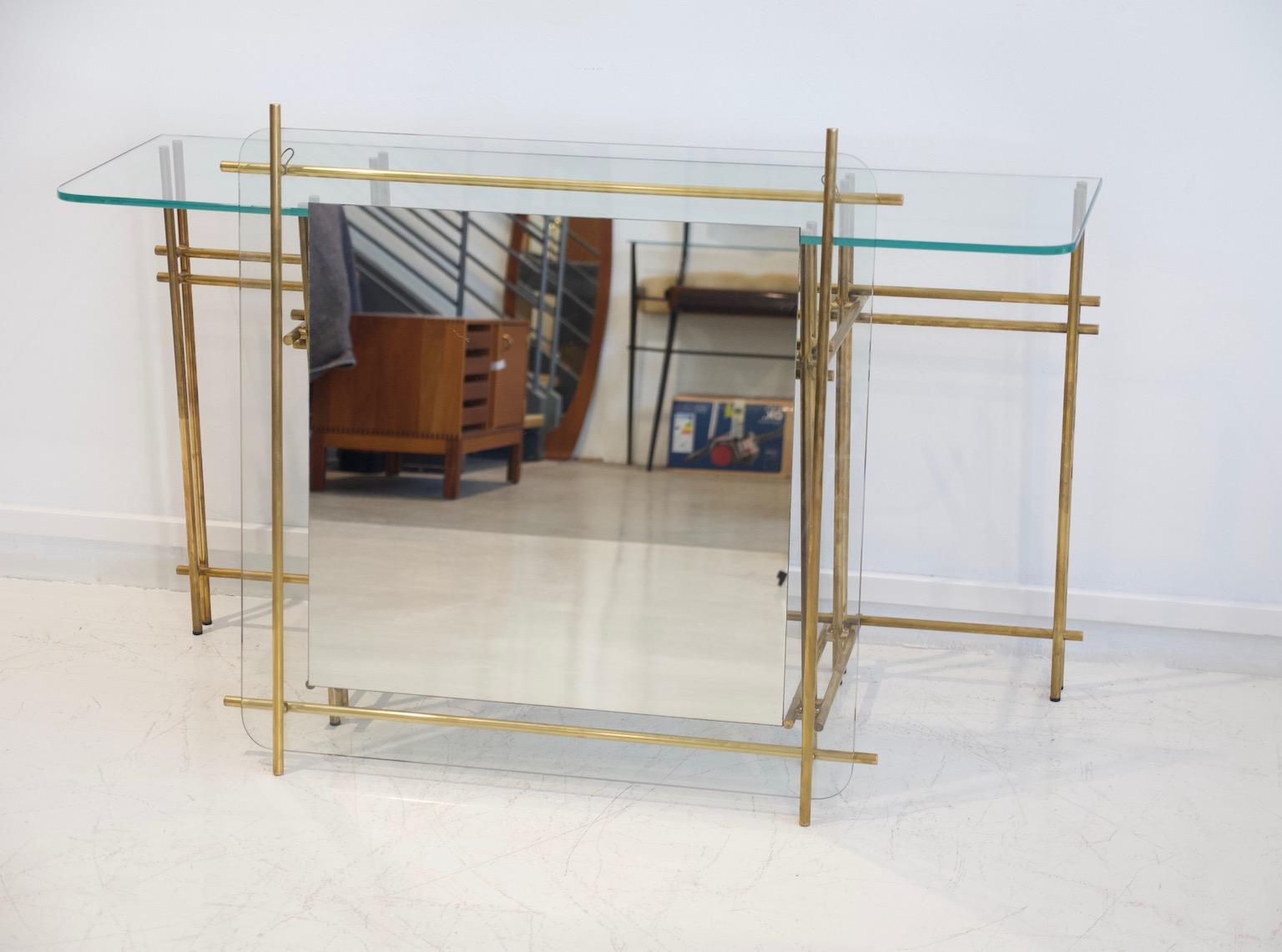 Polished Brass and Crystal Console Table with a Wall Mirror 8