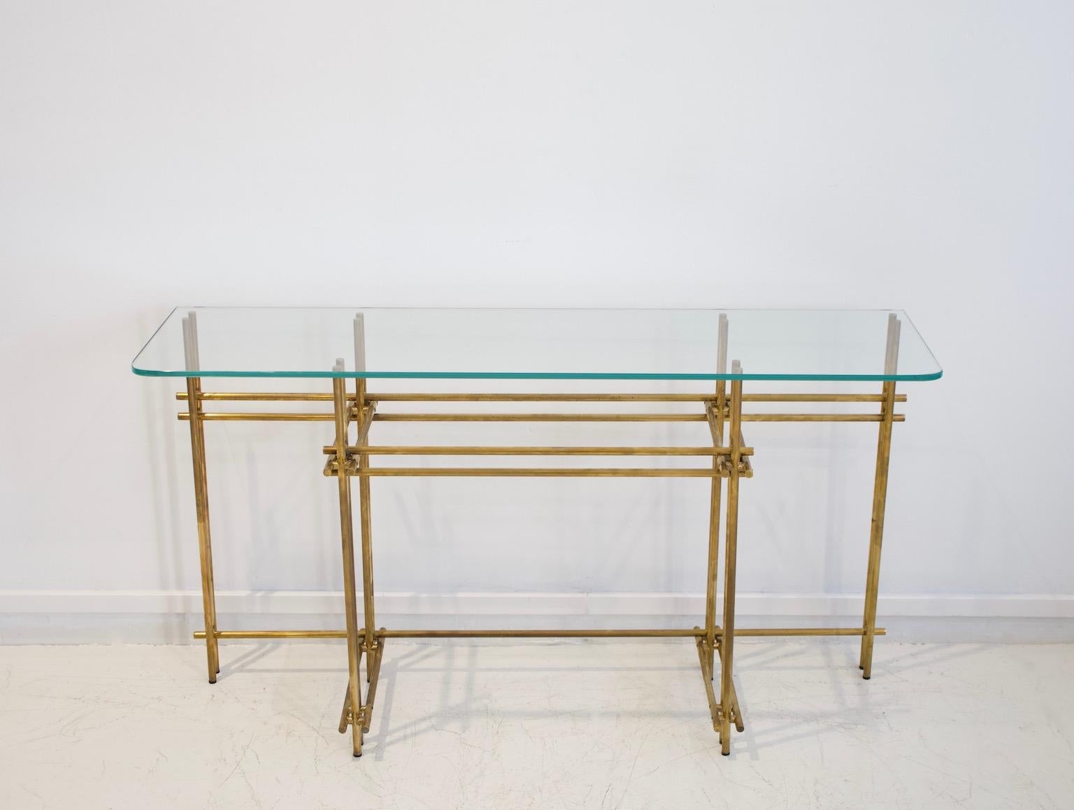 Italian Polished Brass and Crystal Console Table with a Wall Mirror