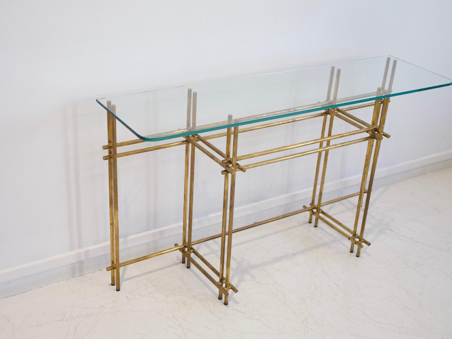 Polished Brass and Crystal Console Table with a Wall Mirror In Good Condition In Madrid, ES
