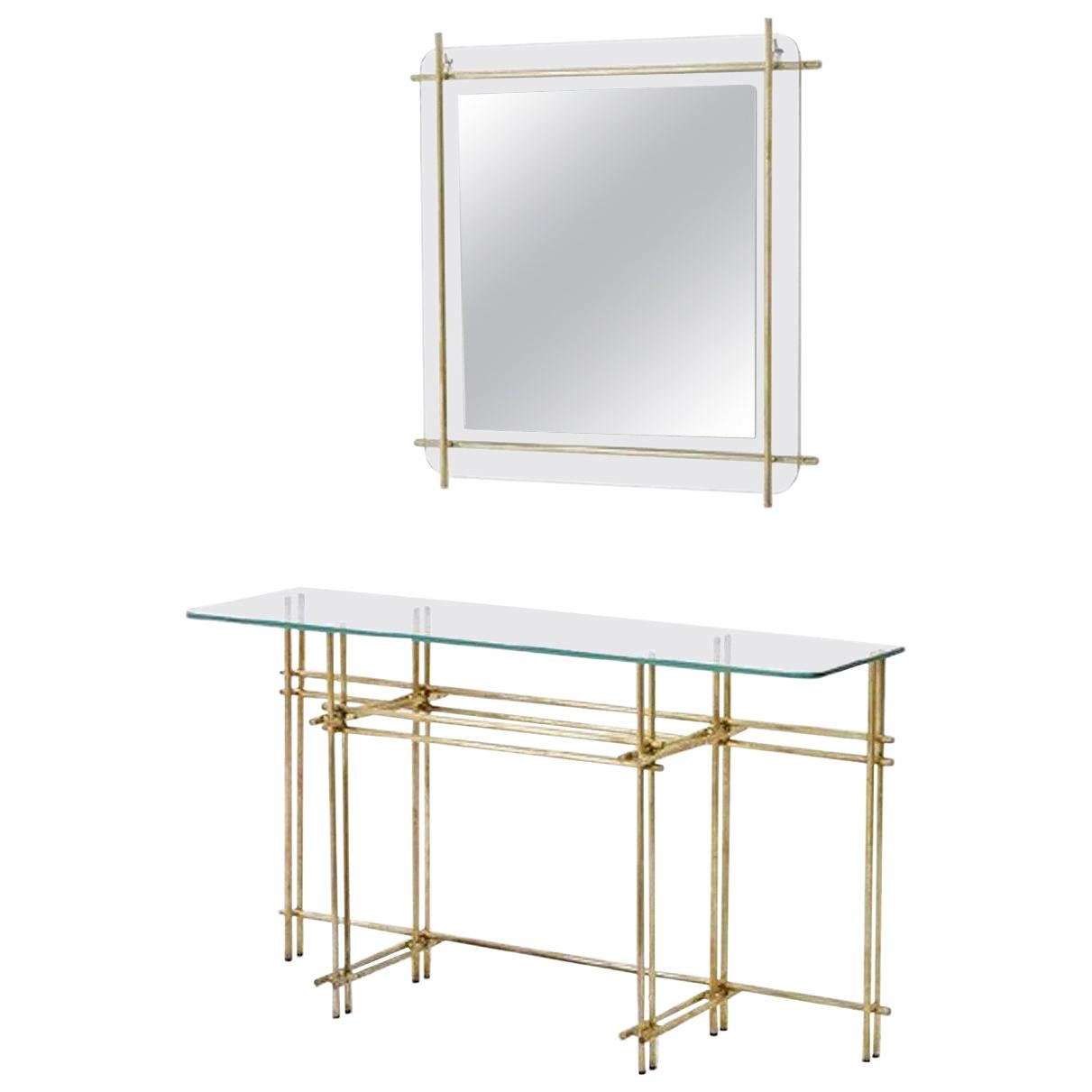 Polished Brass and Crystal Console Table with a Wall Mirror