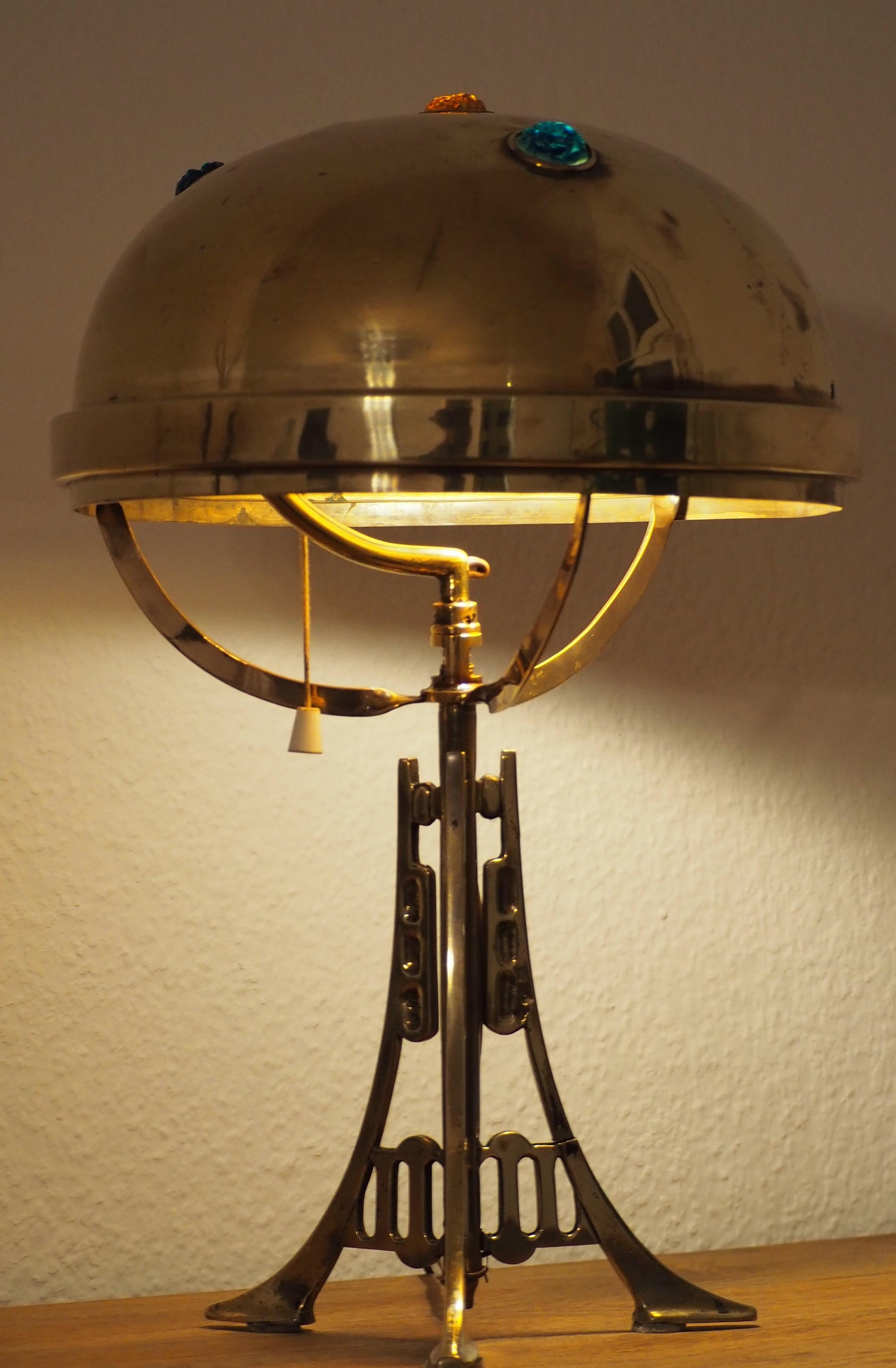 A wonderful Art Nouveau brass and glass jewel table lamp, circa 1900.
Socket: One x e 27
Newly wired.