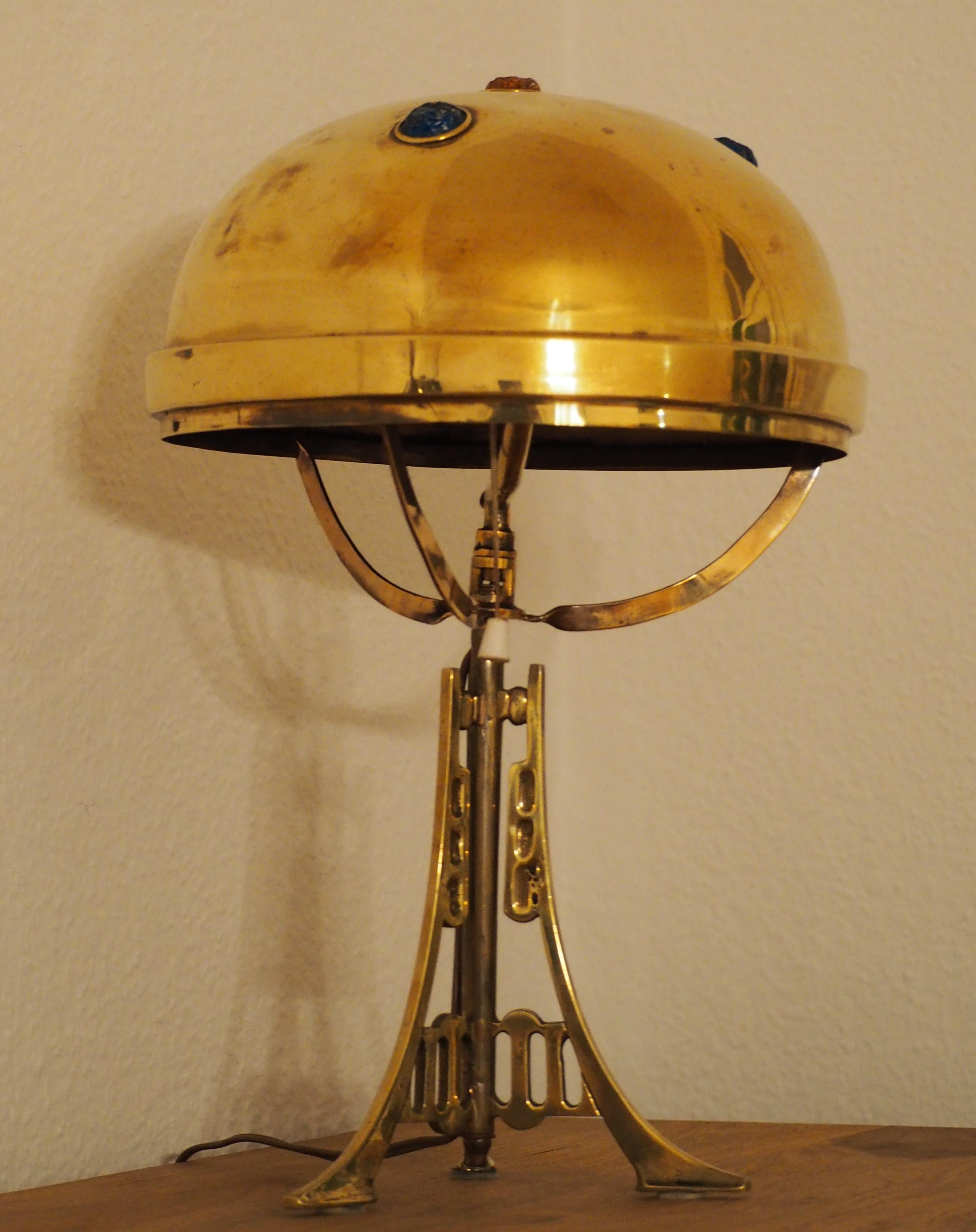 Polished Brass and Glass Jewel Art Nouveau Table Lamp, circa 1900 1