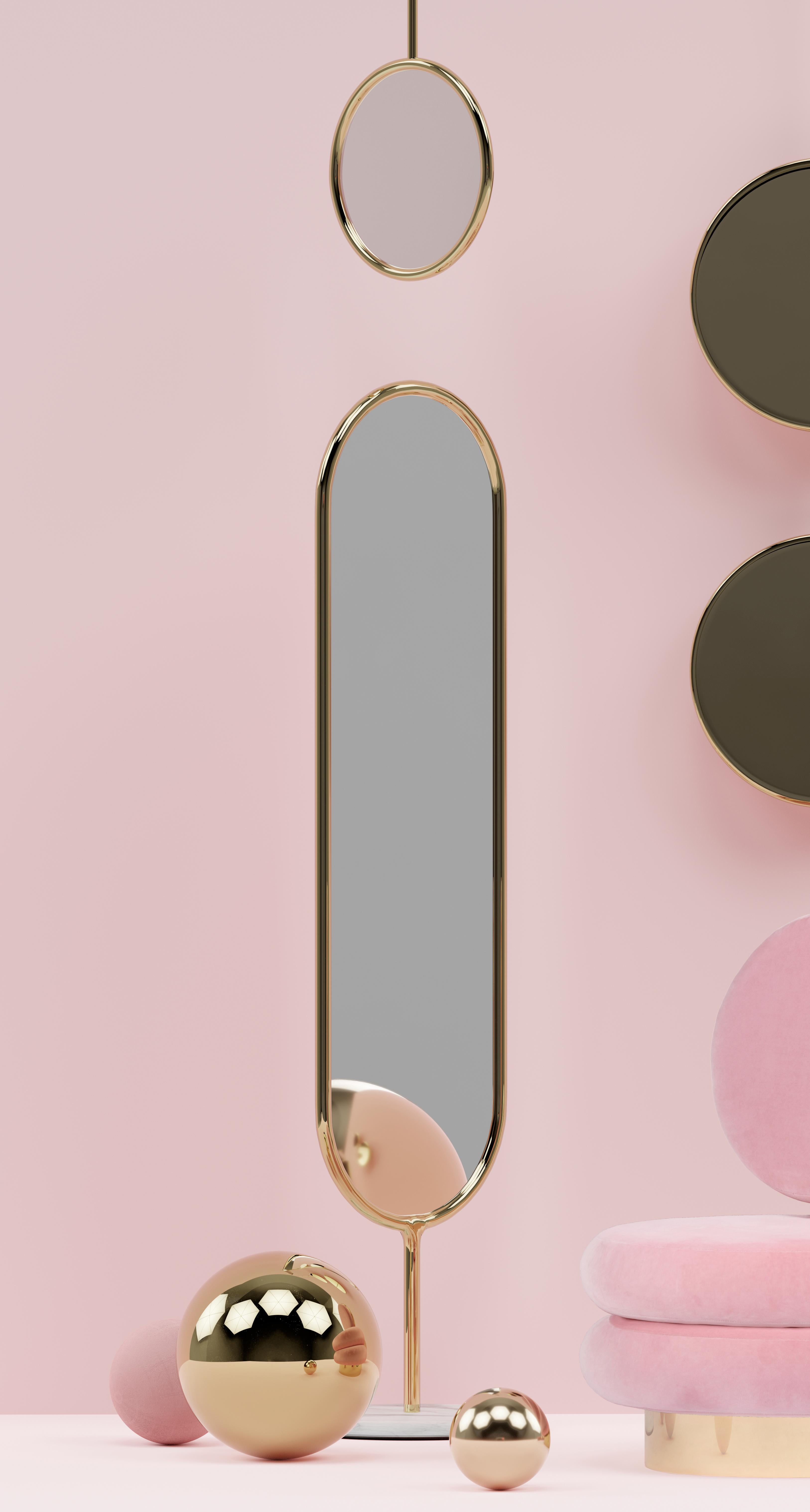 Polished Brass and Marble Marshmallow Floor Mirror, Royal Stranger
Dimensions: 183 x 44 x 44 cm
Materials: Polished brass structure standing on the top of a Carrara marble

A round shaped and elegant mirror standing on the top of a luxurious marble
