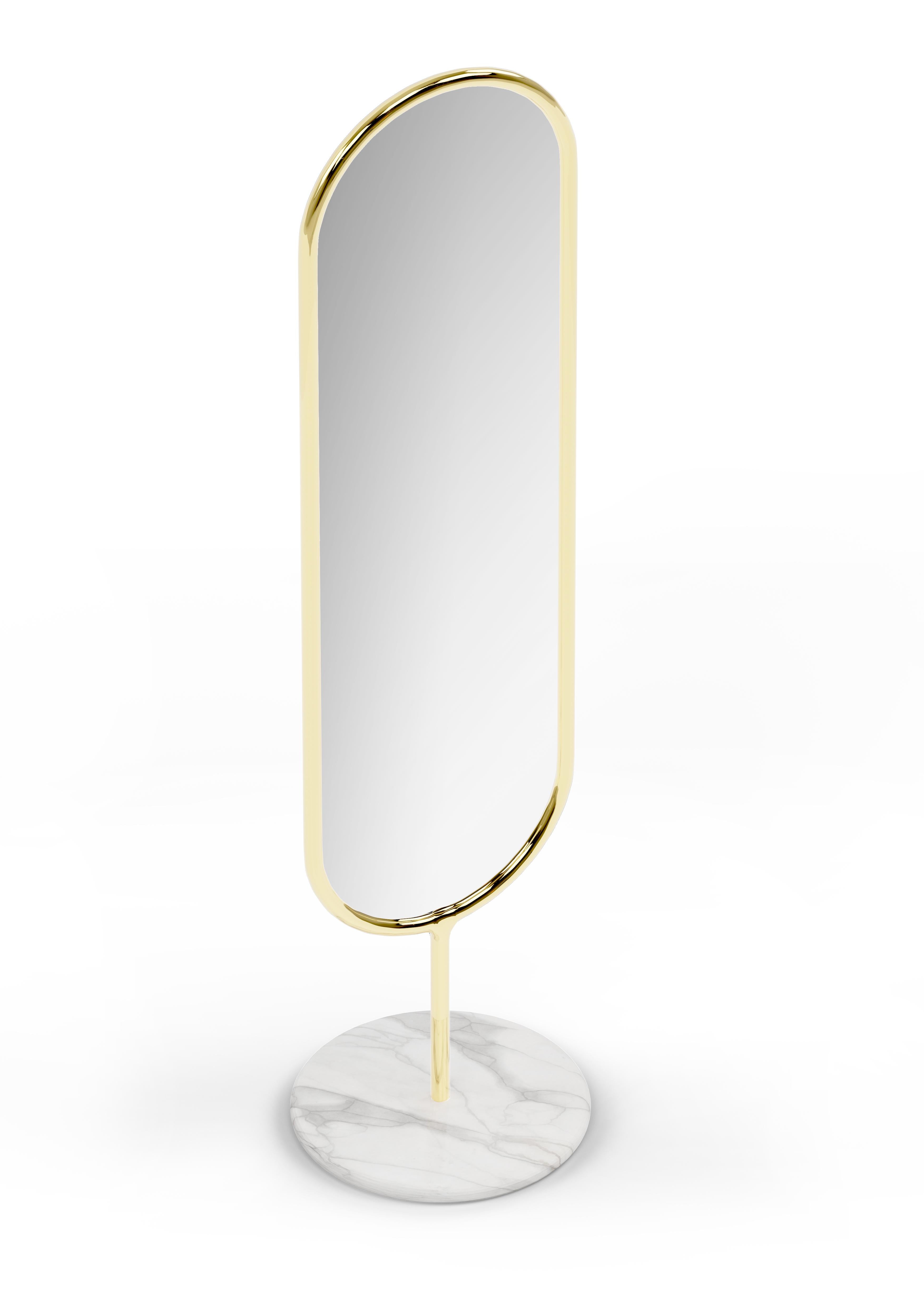 Portuguese Polished Brass and Marble Marshmallow Floor Mirror, Royal Stranger