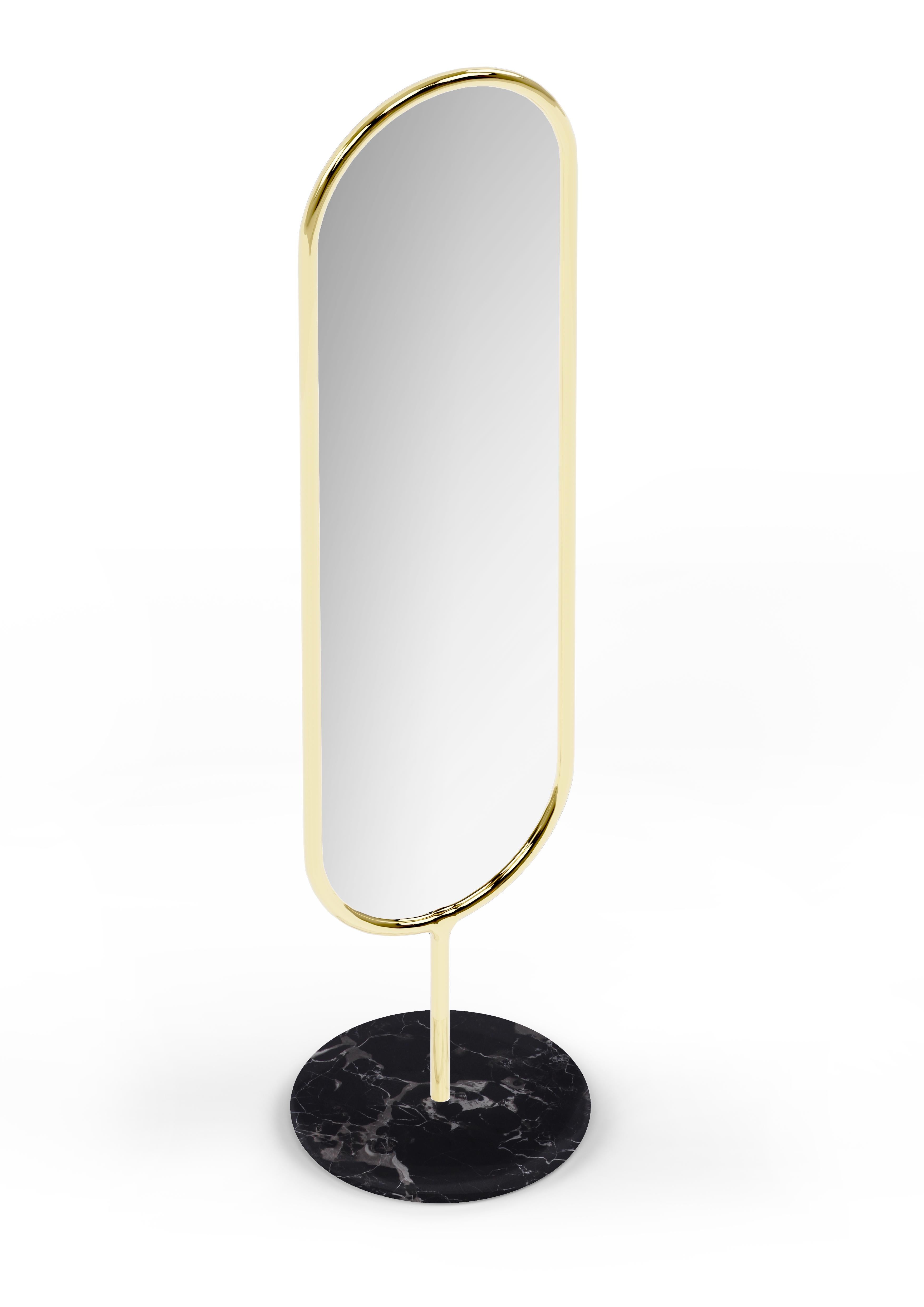 Modern Polished Brass and Nero Marquina Marshmallow Floor Mirror, Royal Stranger