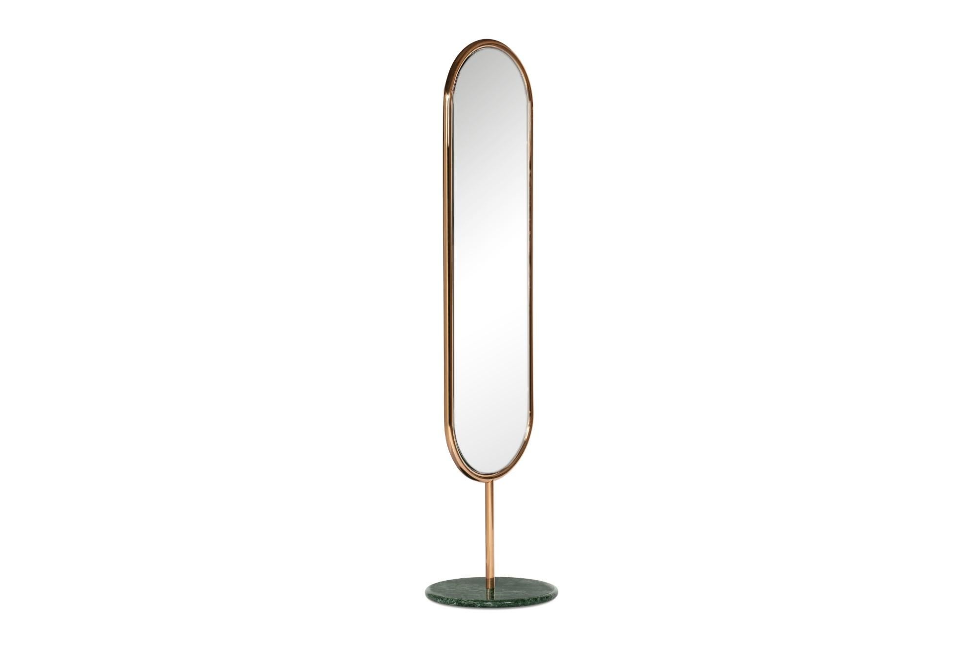 Modern Polished Brass and Green Marble Marshmallow Floor Mirror, Royal Stranger For Sale