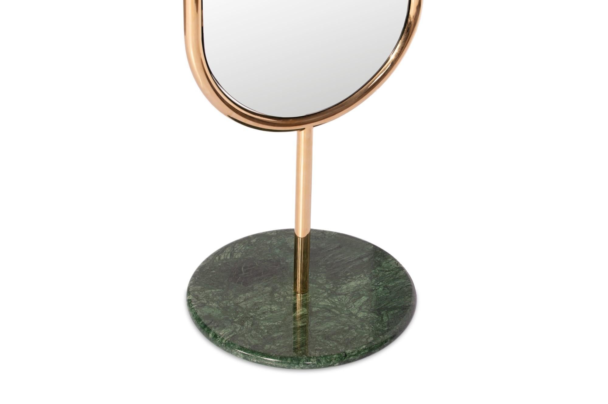 Portuguese Polished Brass and Green Marble Marshmallow Floor Mirror, Royal Stranger For Sale
