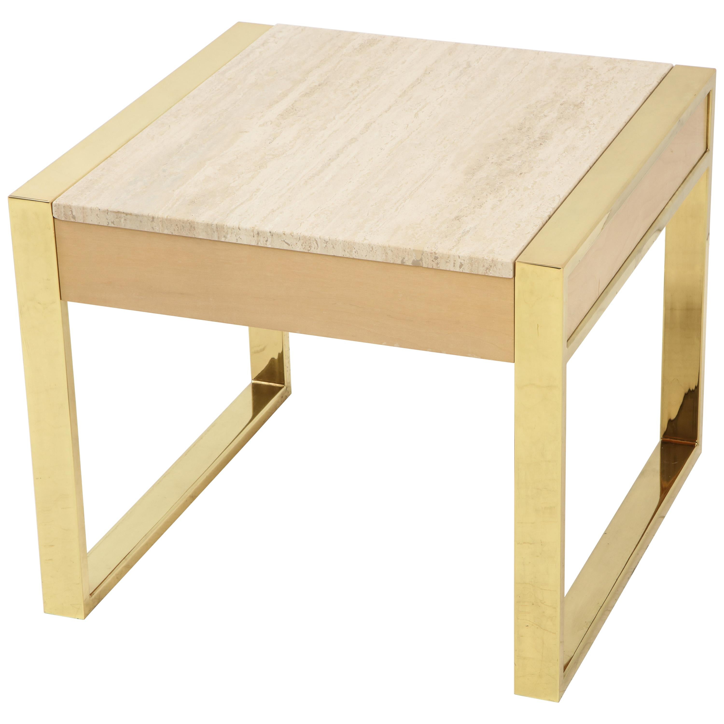 Polished Brass and Travertine Side Table