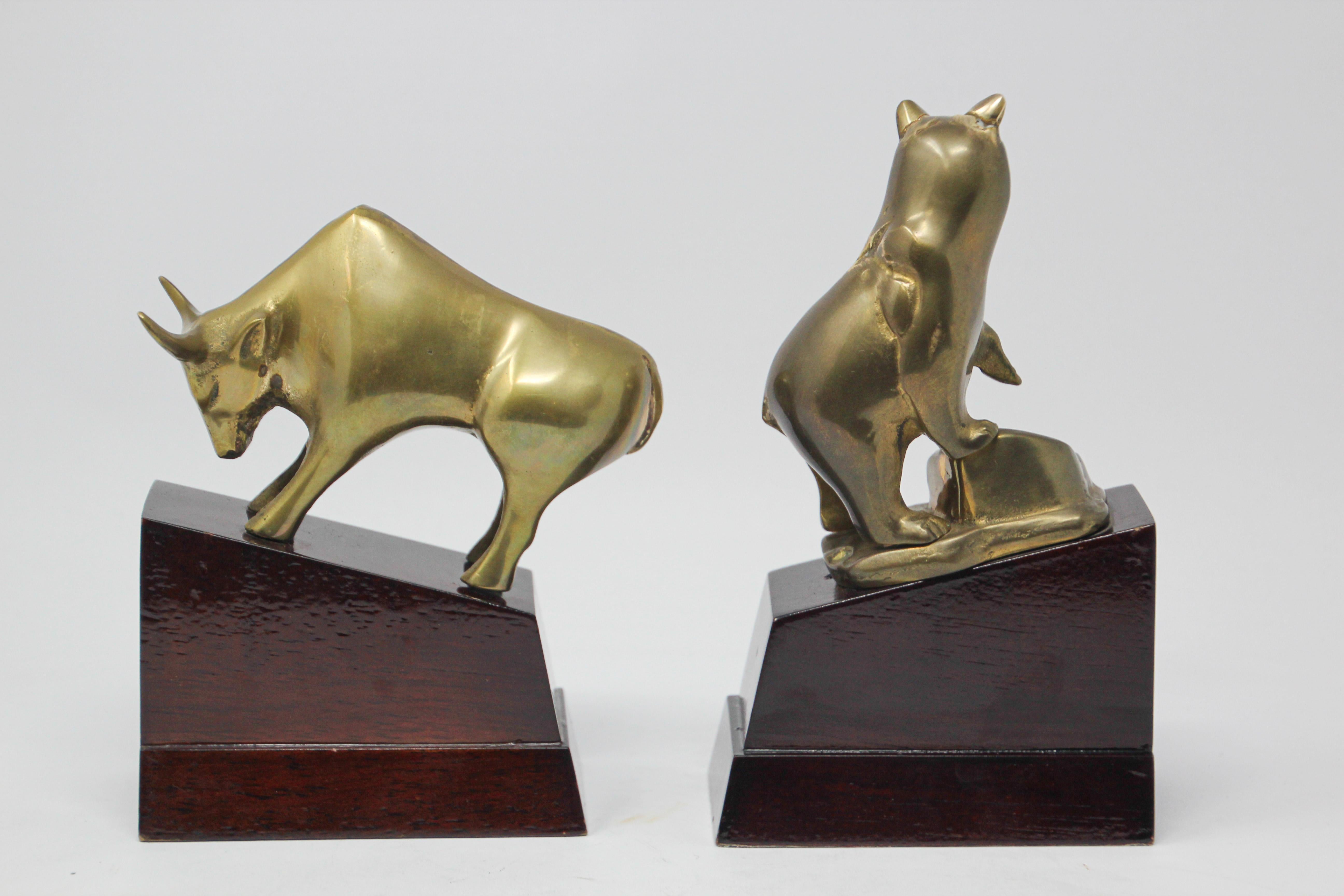 Polished Brass Bull and Bear Bookends Paperweights 4
