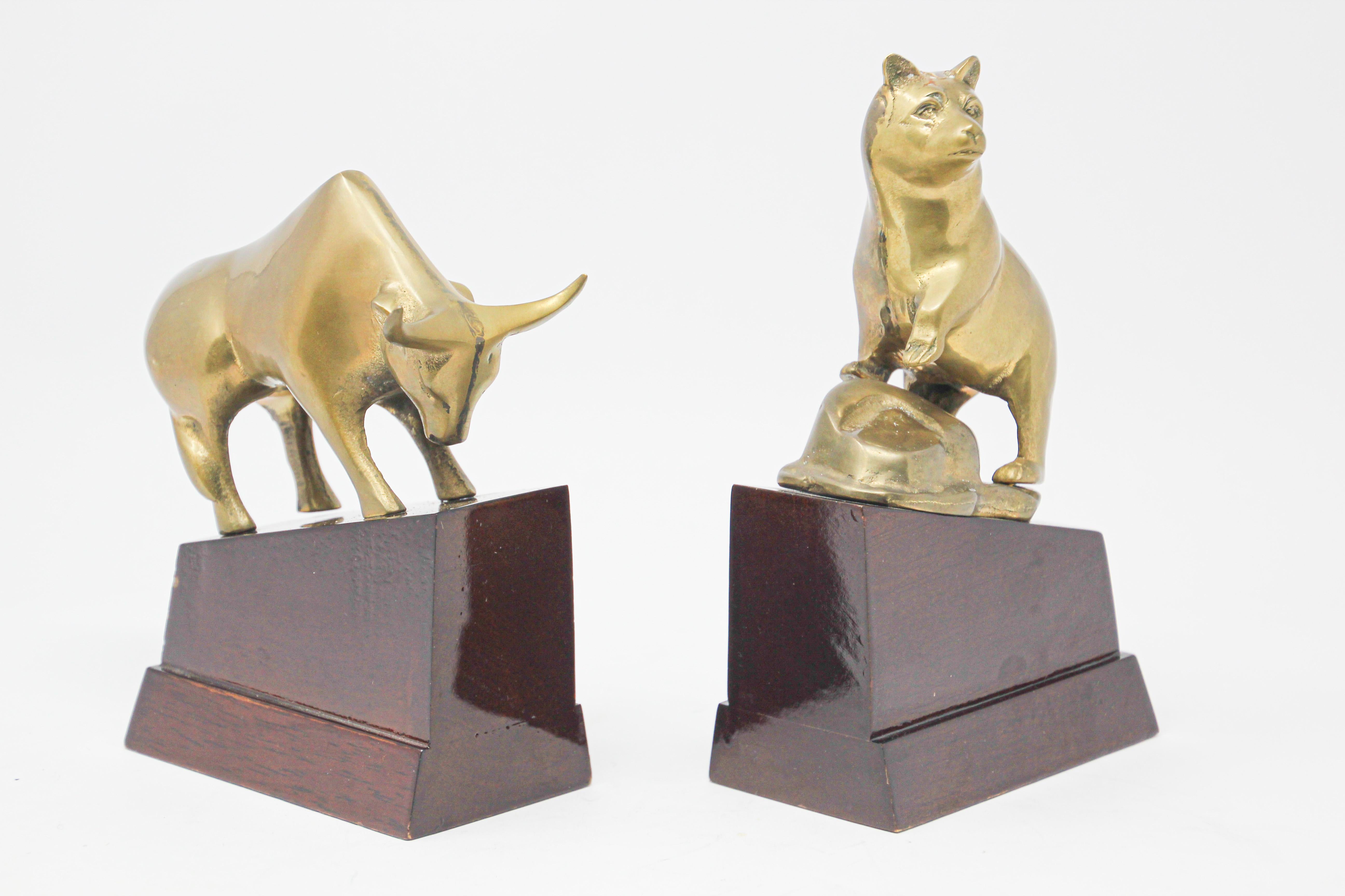 Polished Brass Bull and Bear Bookends Paperweights 8