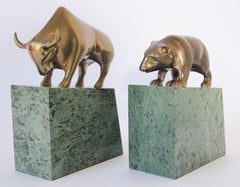 Polished Brass Bull and Bear Bookends Paperweights