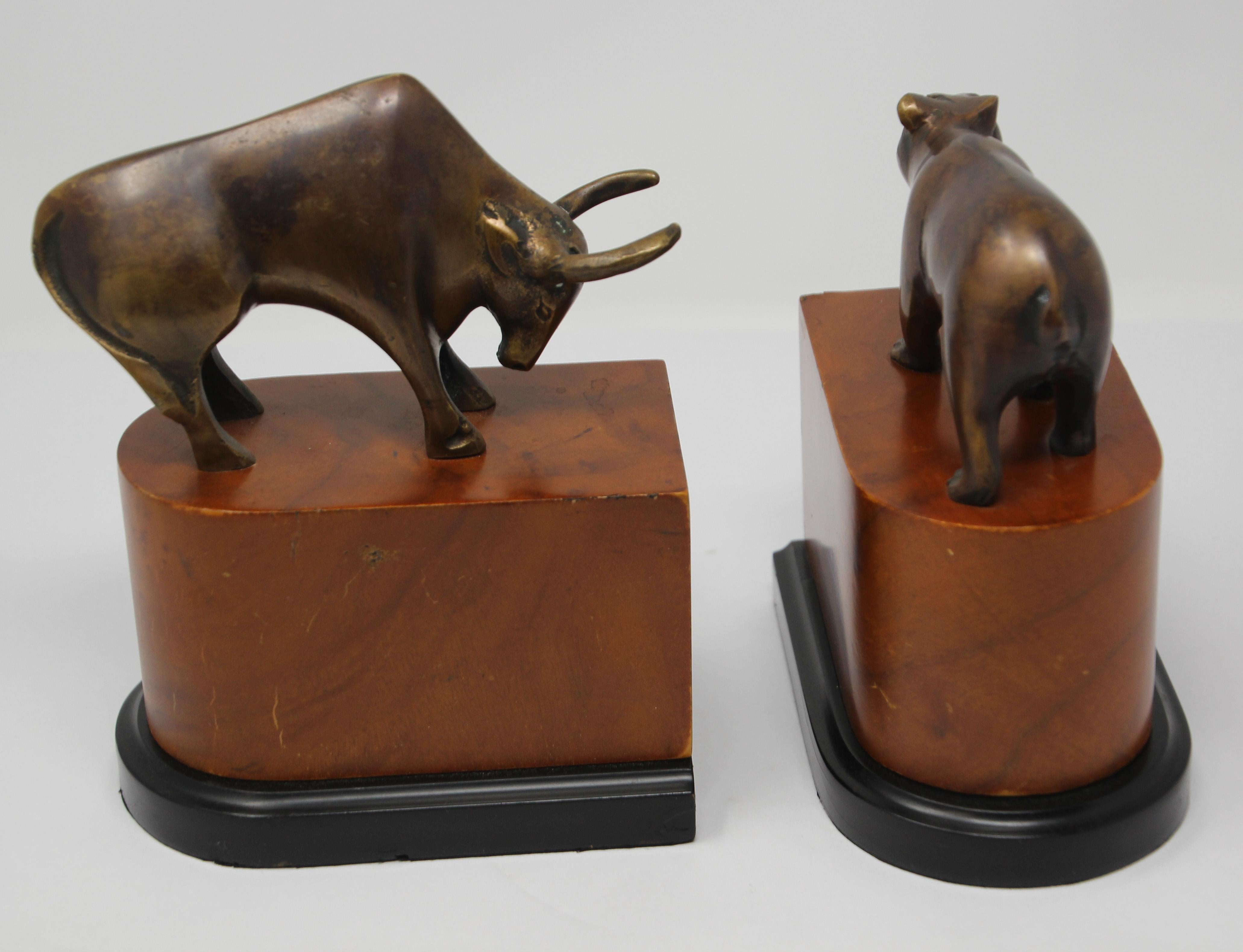 Art Deco Polished Brass Bull and Bear Bookends Paperweights