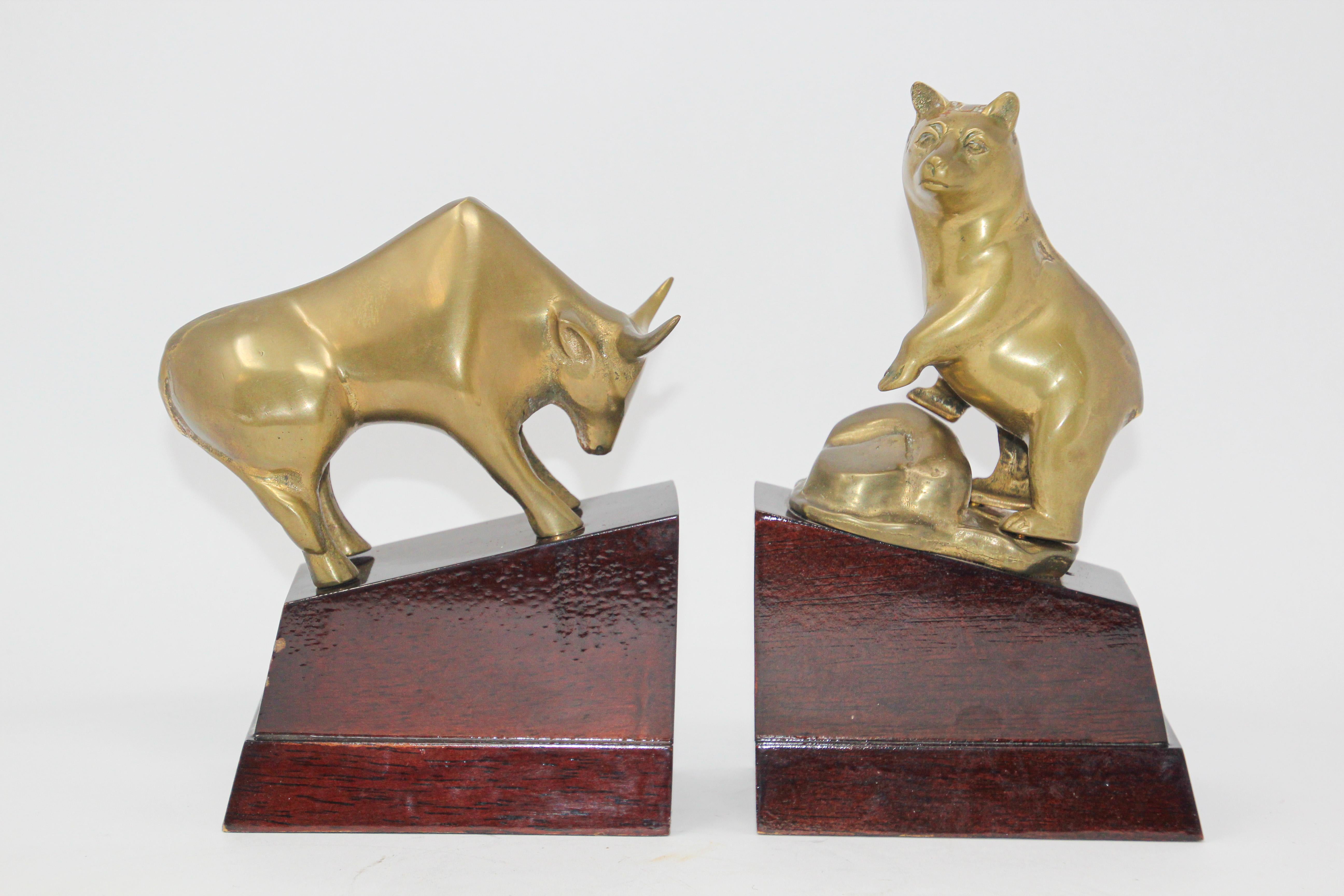 Art Deco Polished Brass Bull and Bear Bookends Paperweights