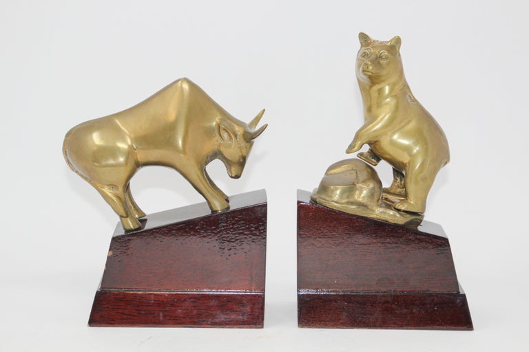 Polished Brass Bull and Bear Bookends Paperweights at 1stDibs