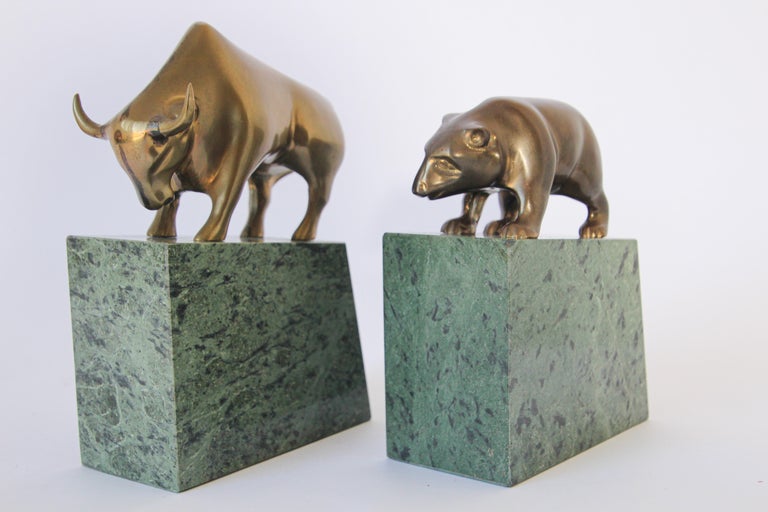 Polished Brass Bull and Bear Bookends Paperweights at 1stDibs