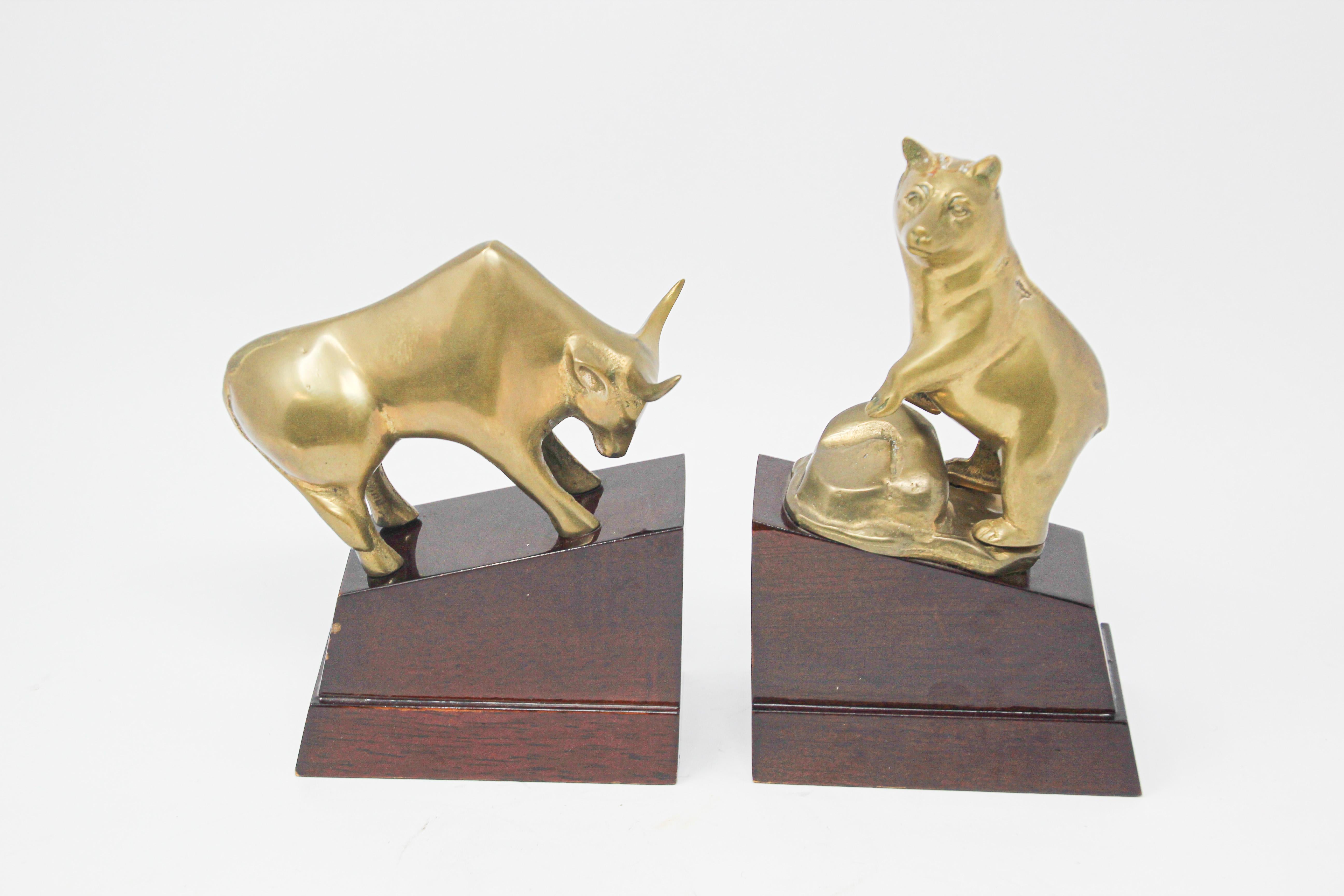 Italian Polished Brass Bull and Bear Bookends Paperweights