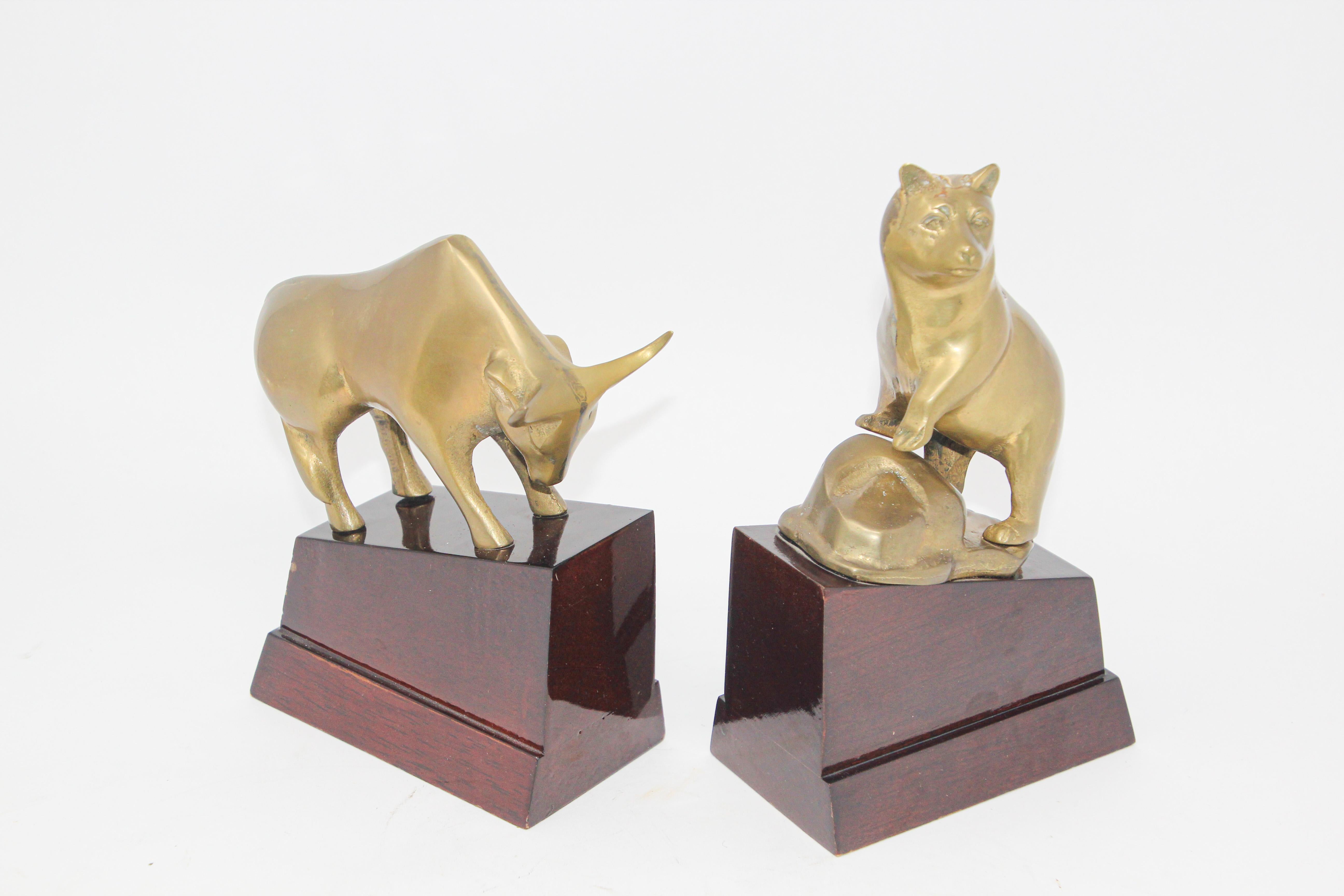 Polished Brass Bull and Bear Bookends Paperweights In Good Condition In North Hollywood, CA