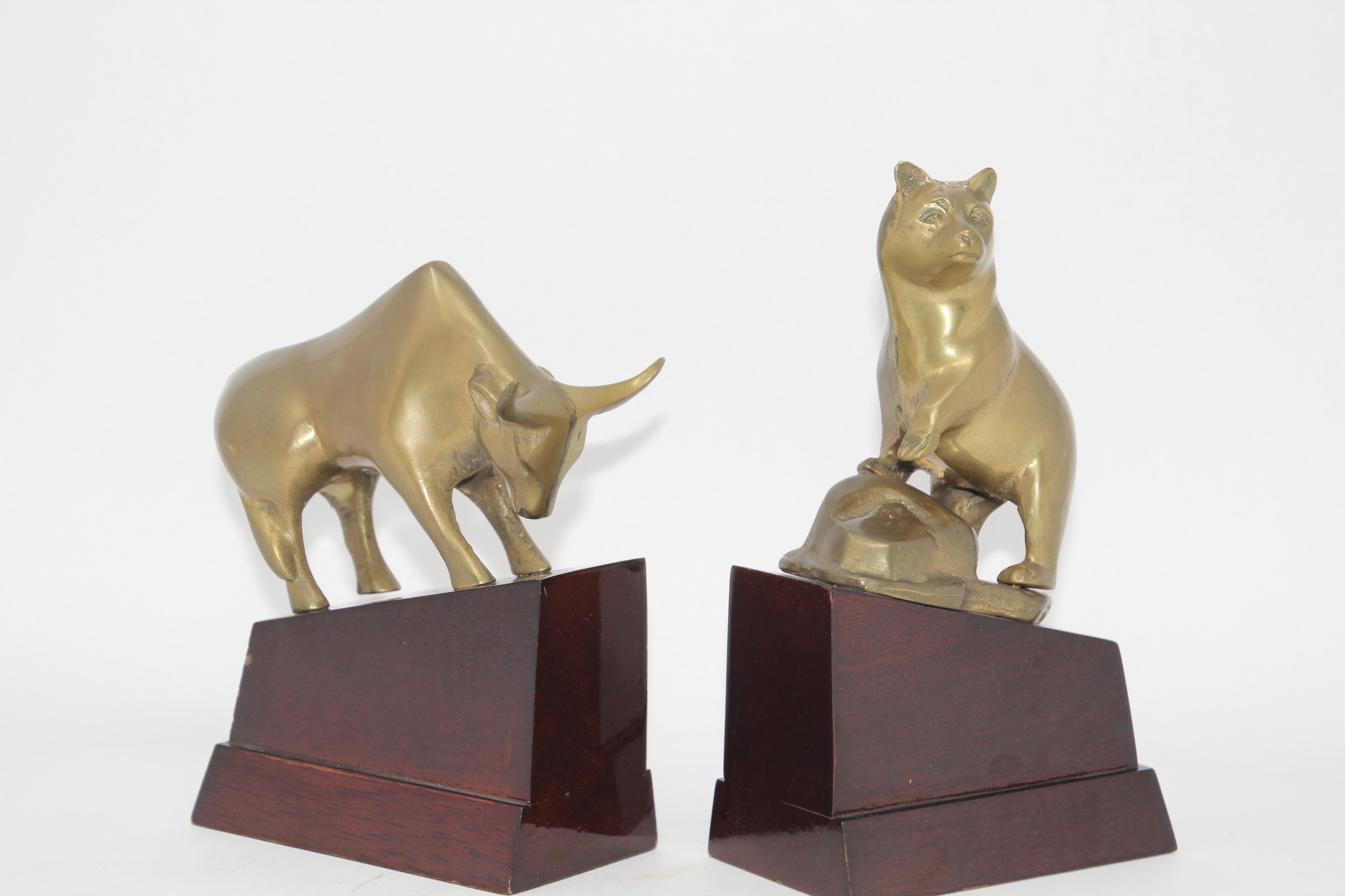 Contemporary Polished Brass Bull and Bear Bookends Paperweights