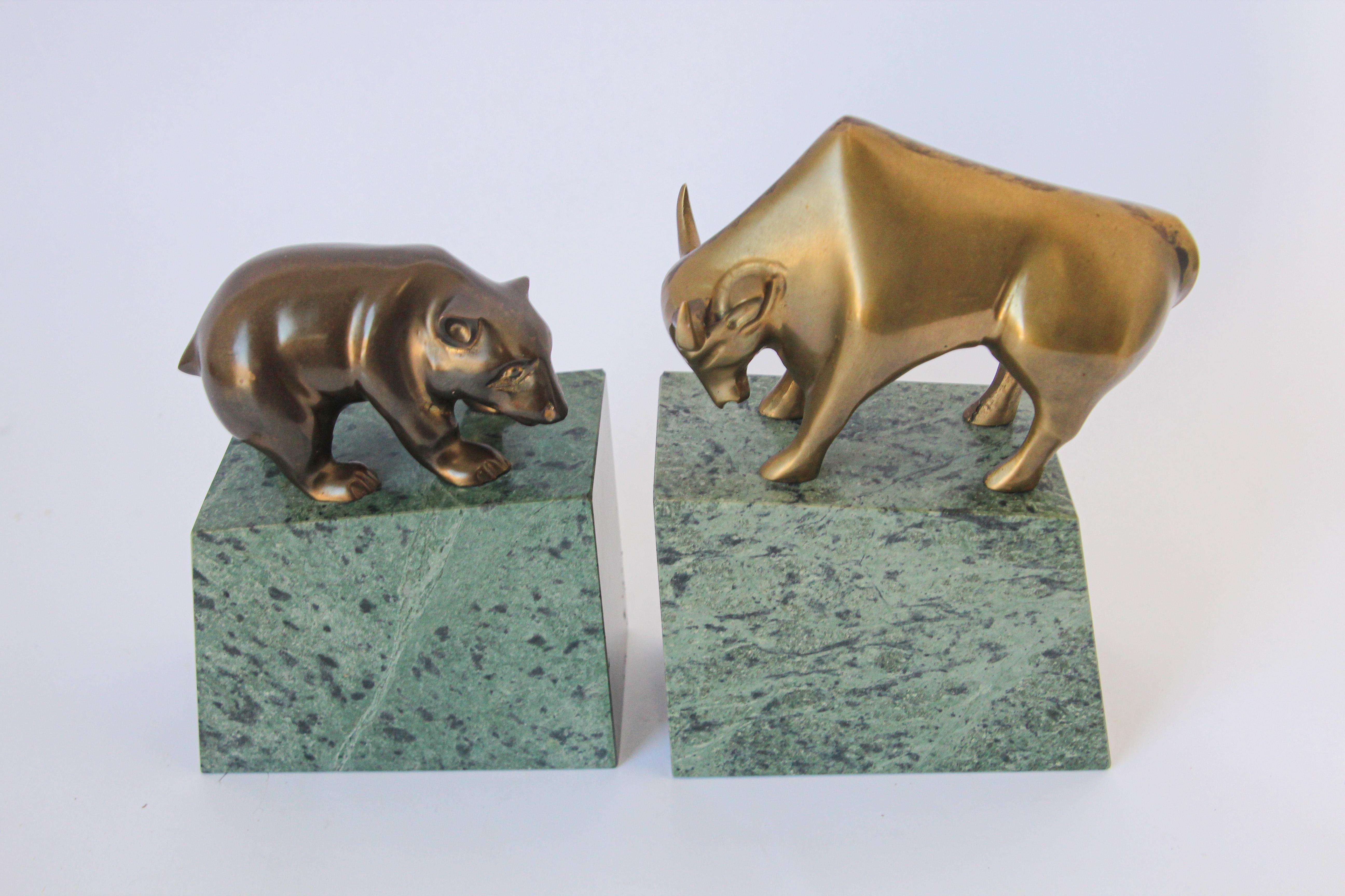 Polished Brass Bull and Bear Bookends Paperweights In Good Condition In North Hollywood, CA