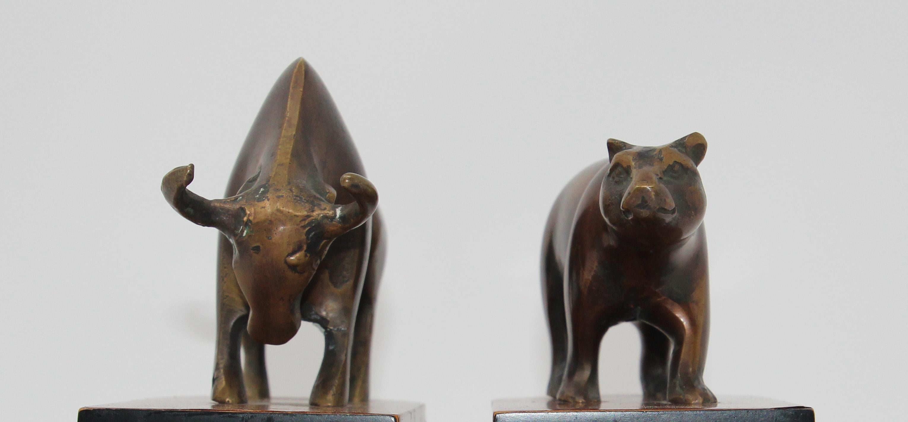Bronze Polished Brass Bull and Bear Bookends Paperweights