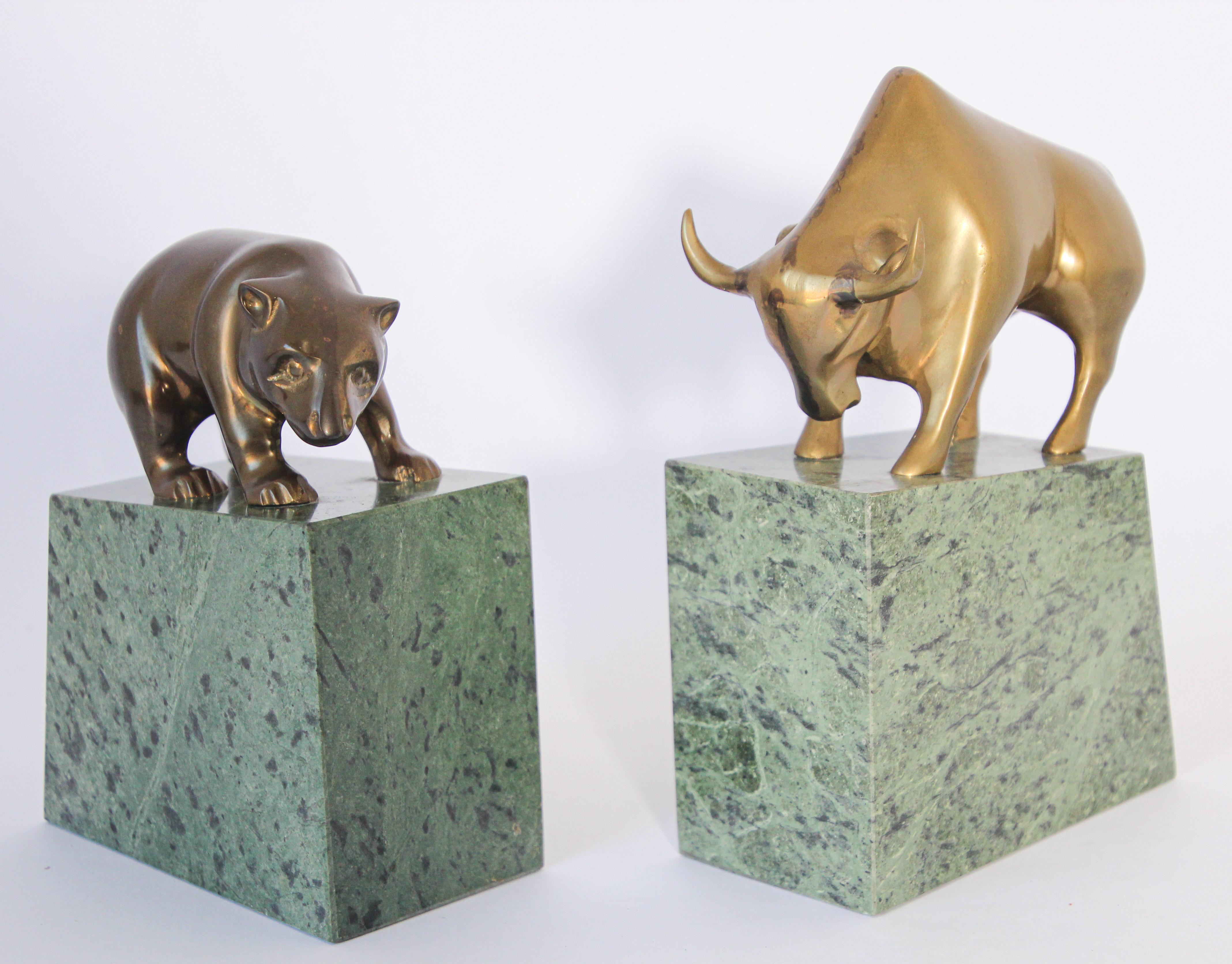 Mid-20th Century Polished Brass Bull and Bear Bookends Paperweights
