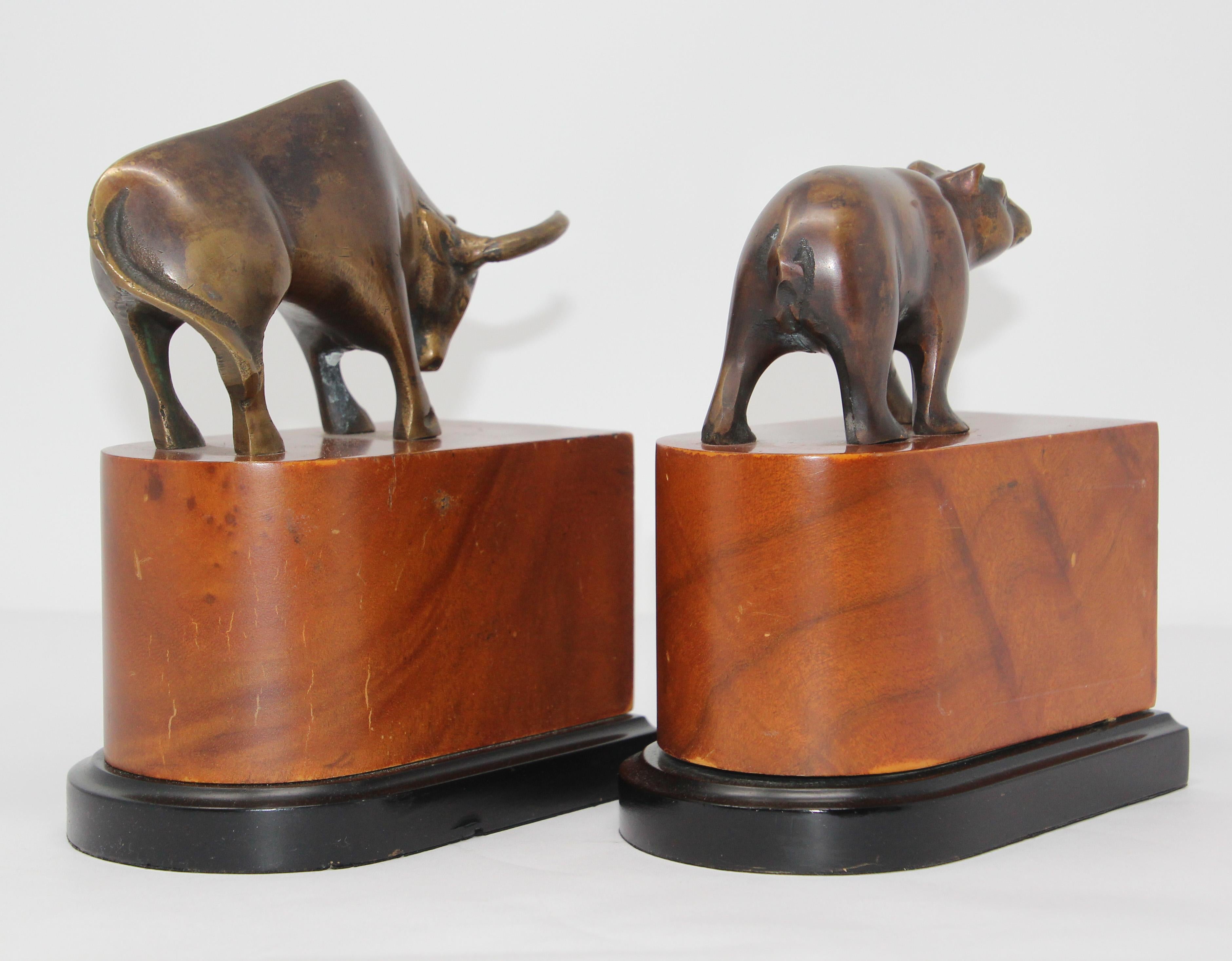 Polished Brass Bull and Bear Bookends Paperweights 1