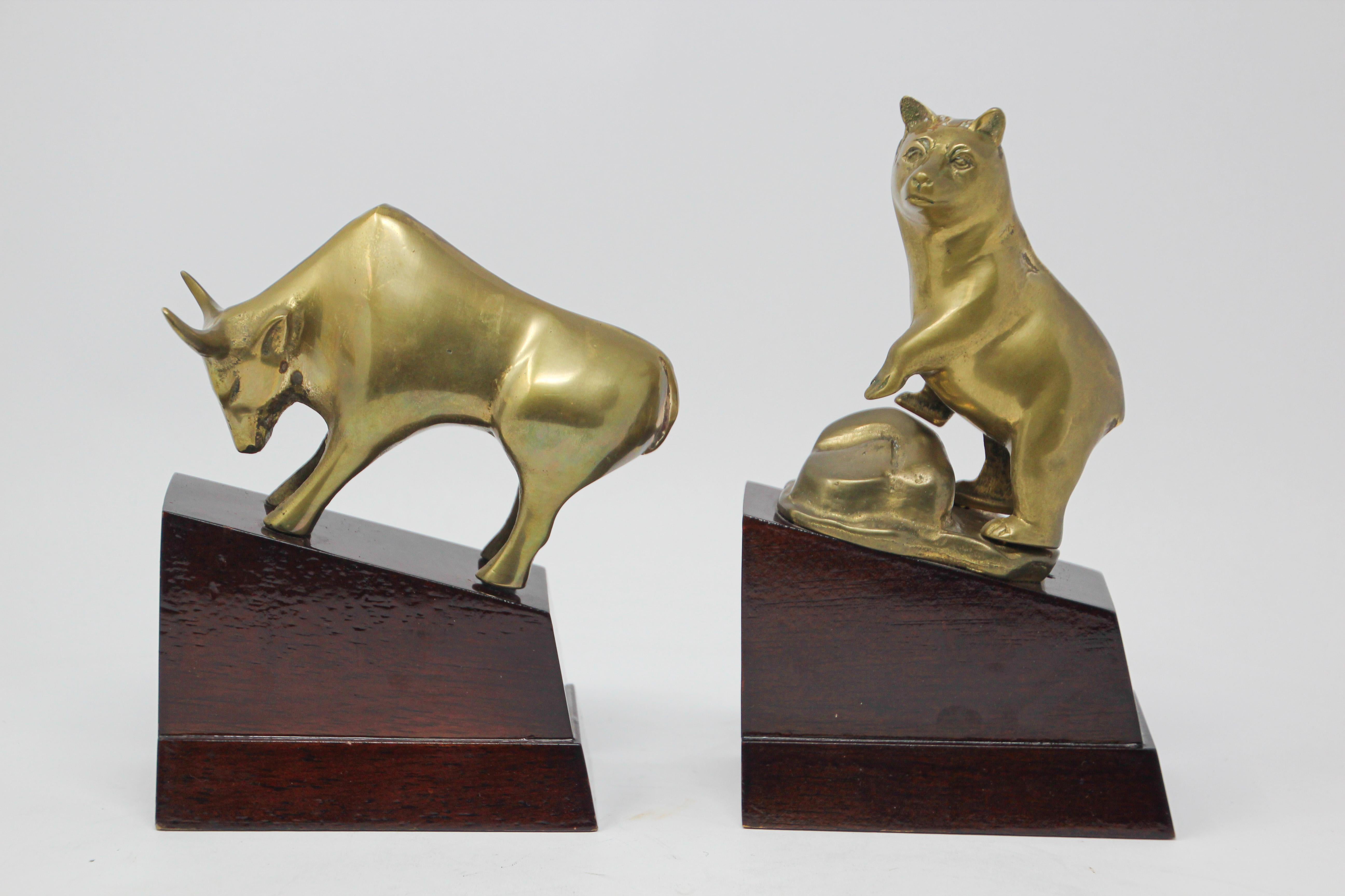 Polished Brass Bull and Bear Bookends Paperweights 3