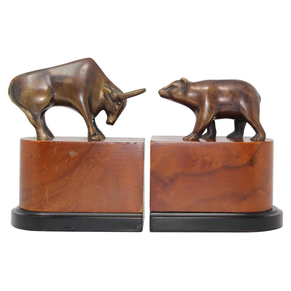 Polished Brass Bull and Bear Bookends Paperweights at 1stDibs