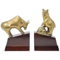 Polished Brass Bull and Bear Bookends Paperweights