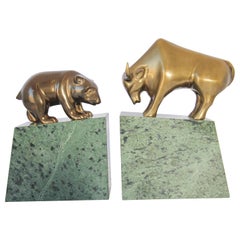 Polished Brass Bull and Bear Bookends Paperweights