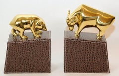 Polished Brass Bull and Bear Bookends Paperweights Wall Street