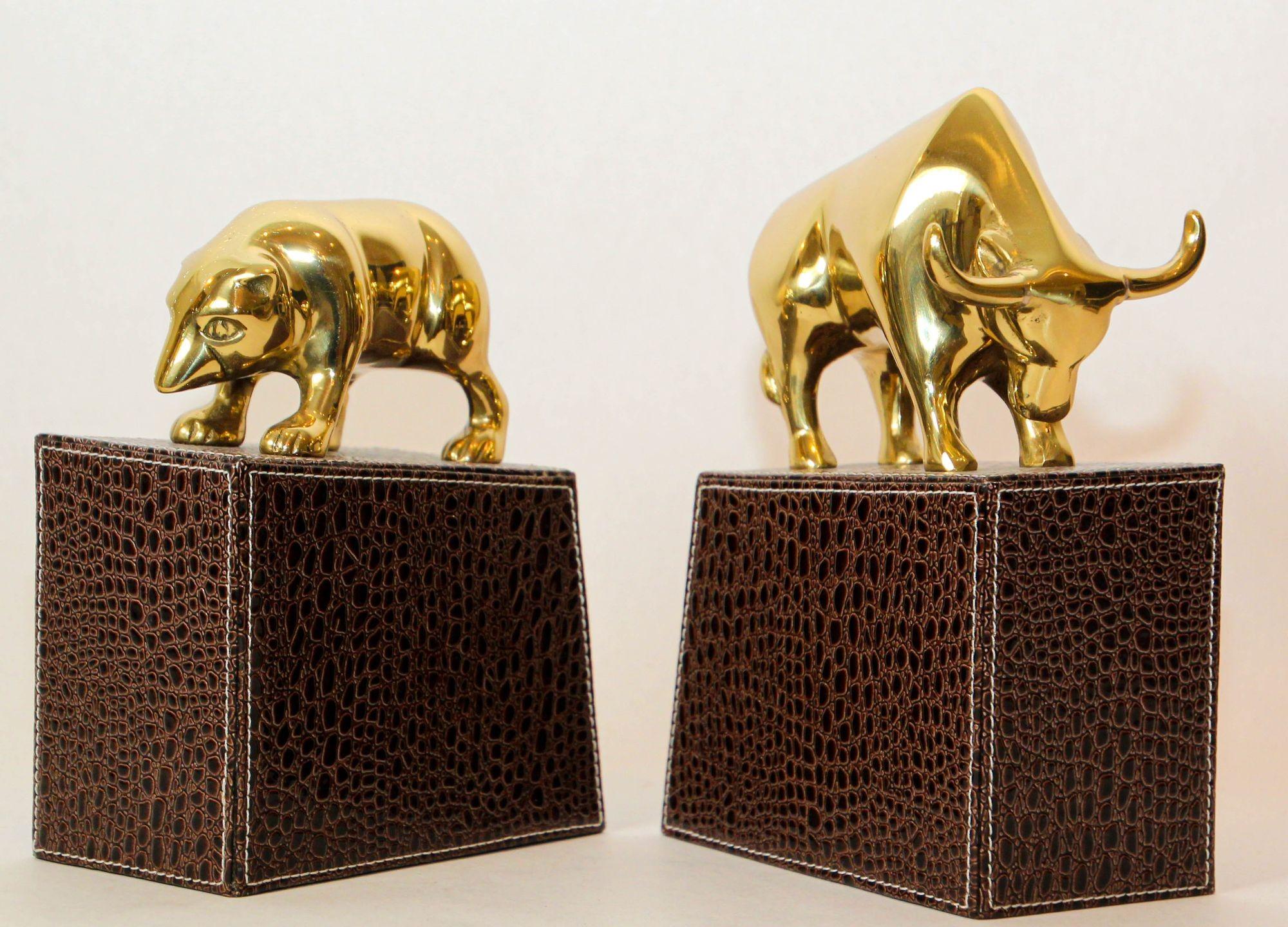 Cast Polished Brass Bull and Bear Bookends Paperweights Wall Street For Sale