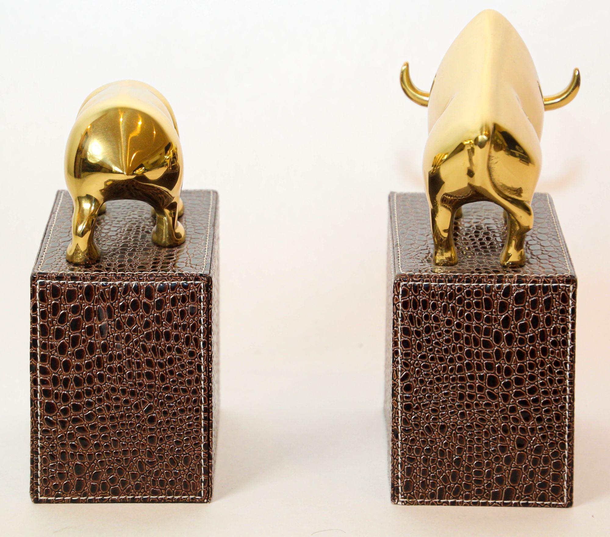 20th Century Polished Brass Bull and Bear Bookends Paperweights Wall Street For Sale