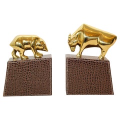 Retro Polished Brass Bull and Bear Bookends Paperweights Wall Street