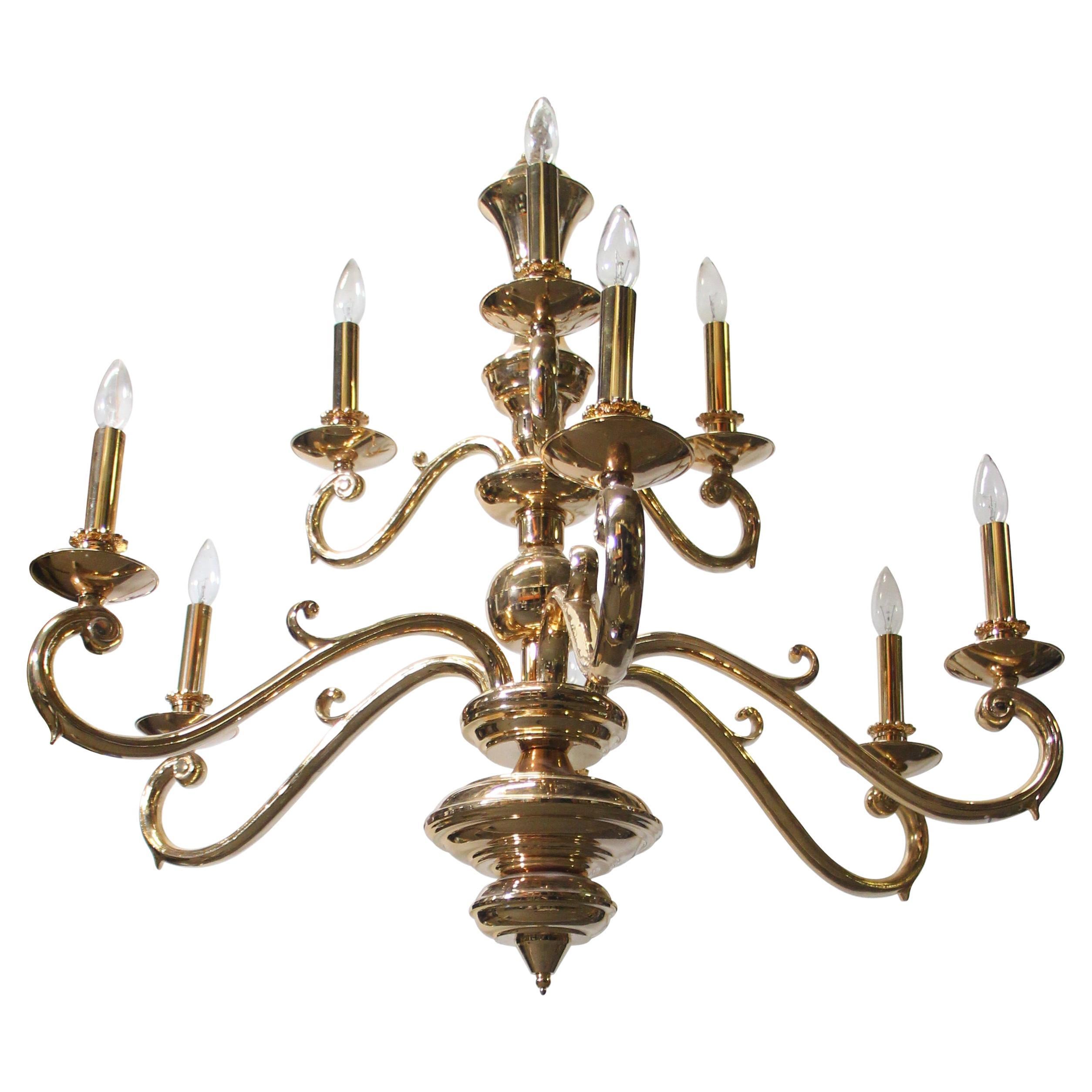 Italian Brass Chandelier with Nine Arms For Sale at 1stDibs