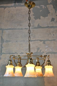 Polished Brass Chandelier with Vine and Leaf Quezal Shades