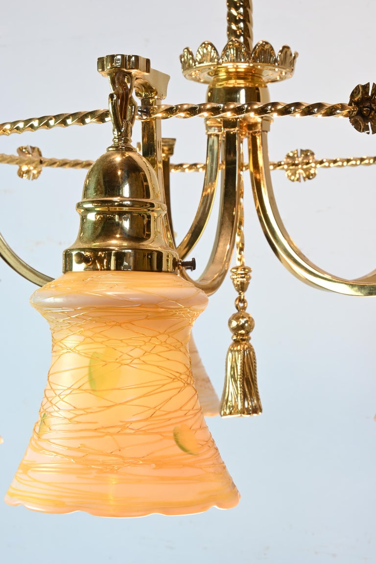 Polished Brass Chandelier with Vine and Leaf Quezal Shades For Sale at