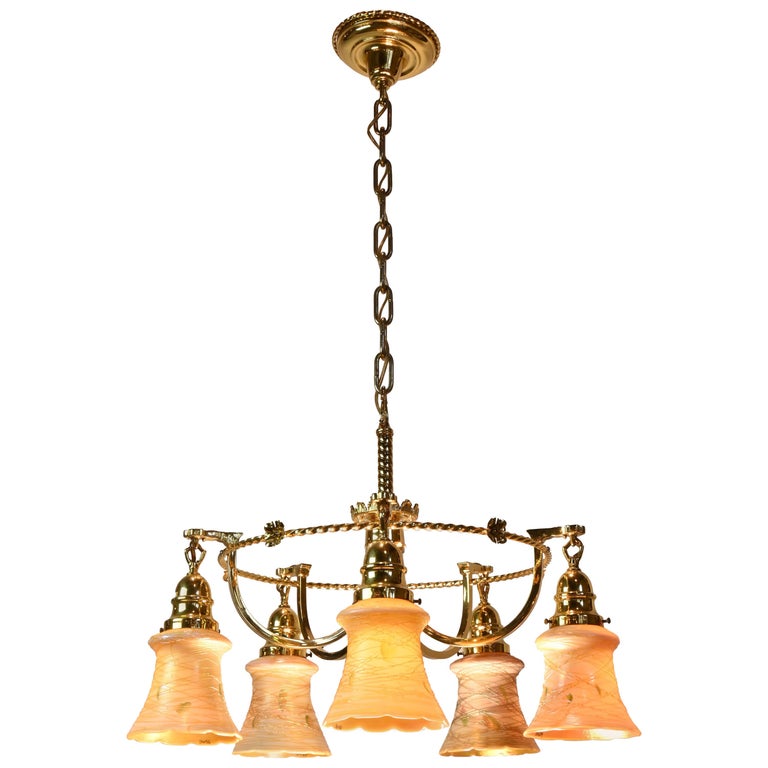 Polished Brass Chandelier with Vine and Leaf Quezal Shades For Sale at