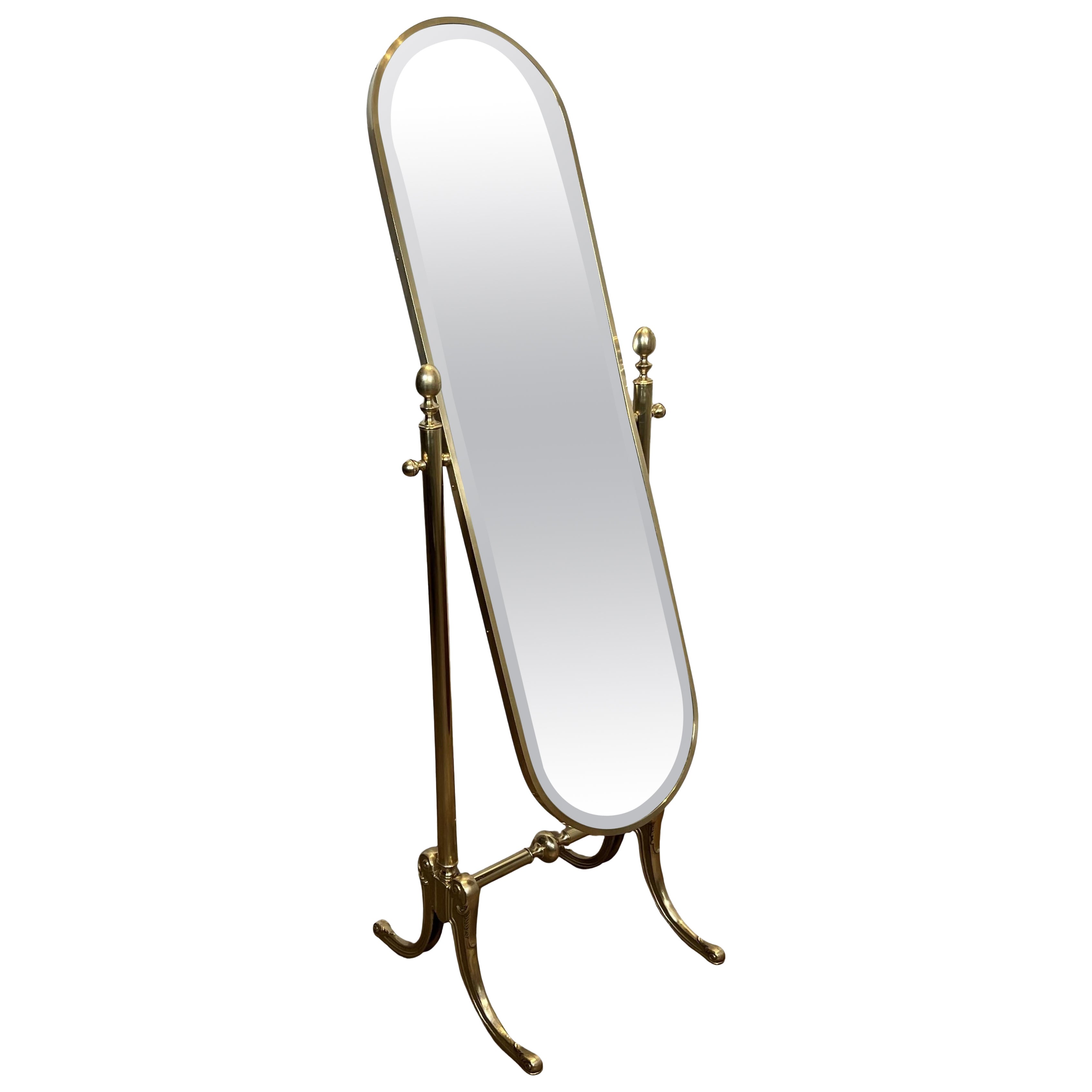 Polished Brass Cheval Mirror Neoclassical Style, circa 1970