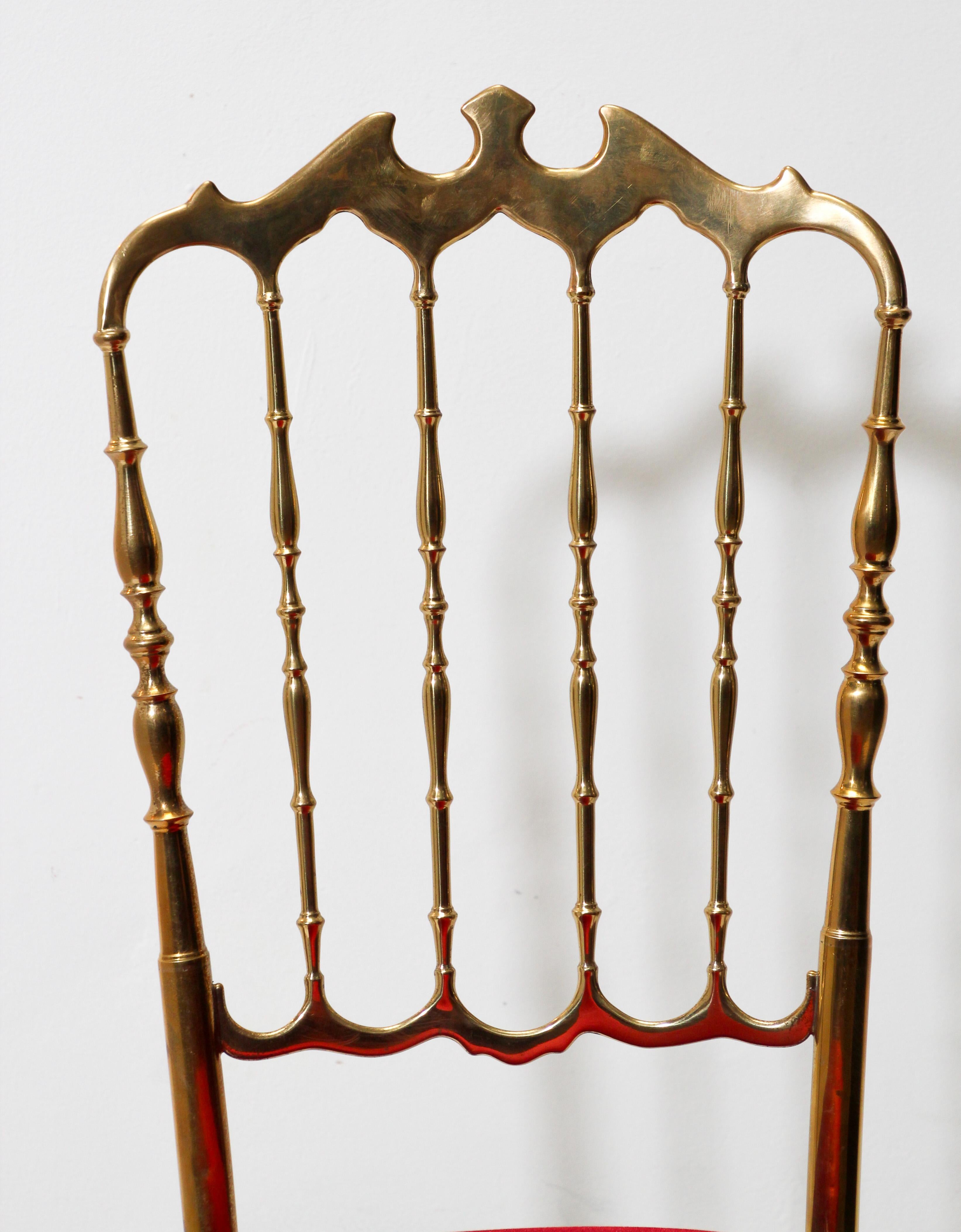 Italian Polished Brass Chiavari Chair with Red Velvet, Italy, 1960s For Sale