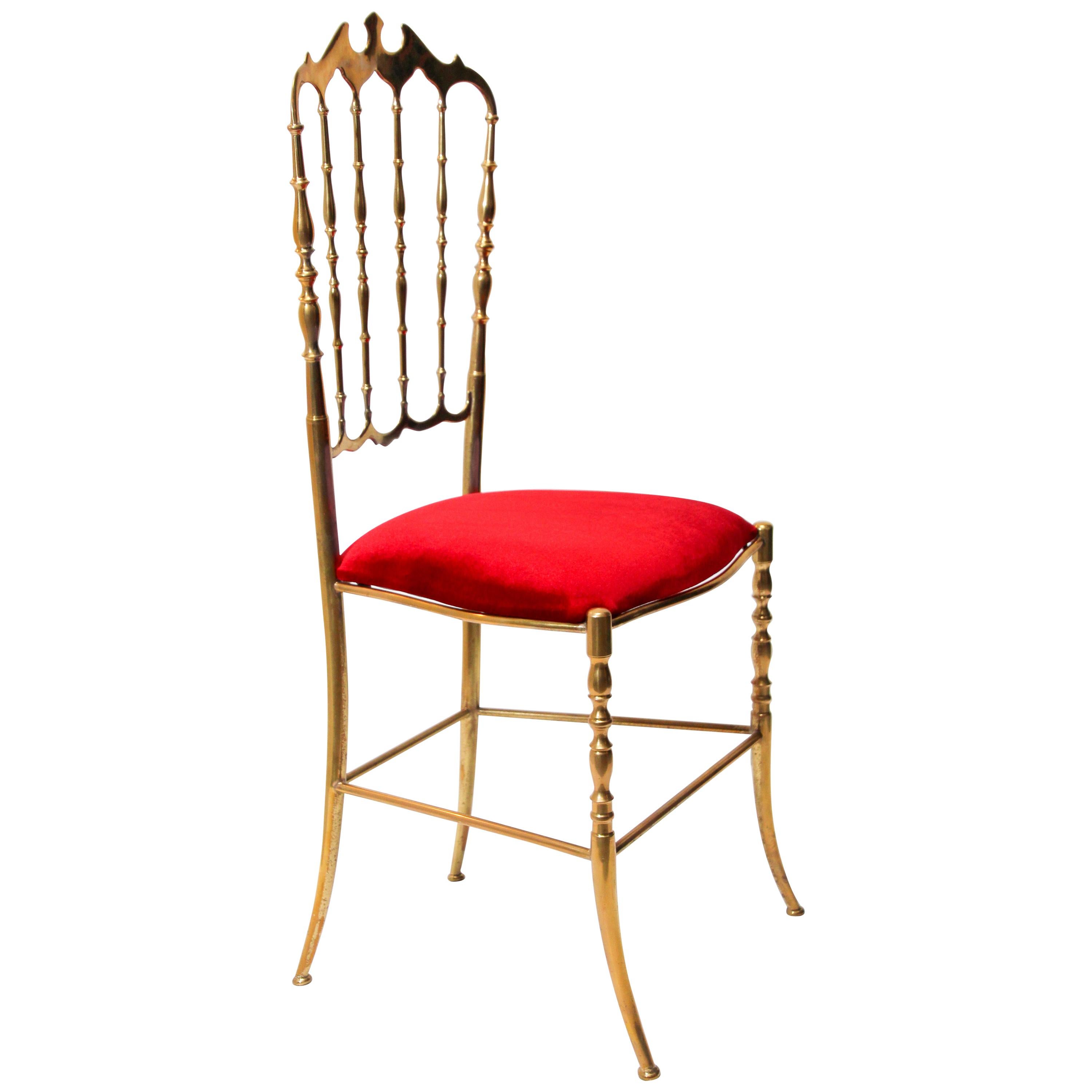 Polished Brass Chiavari Chair with Red Velvet, Italy, 1960s For Sale