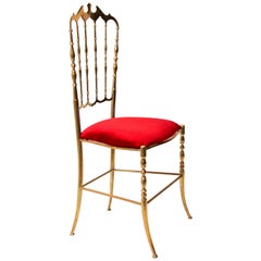 Polished Brass Chiavari Chair with Red Velvet, Italy, 1960s
