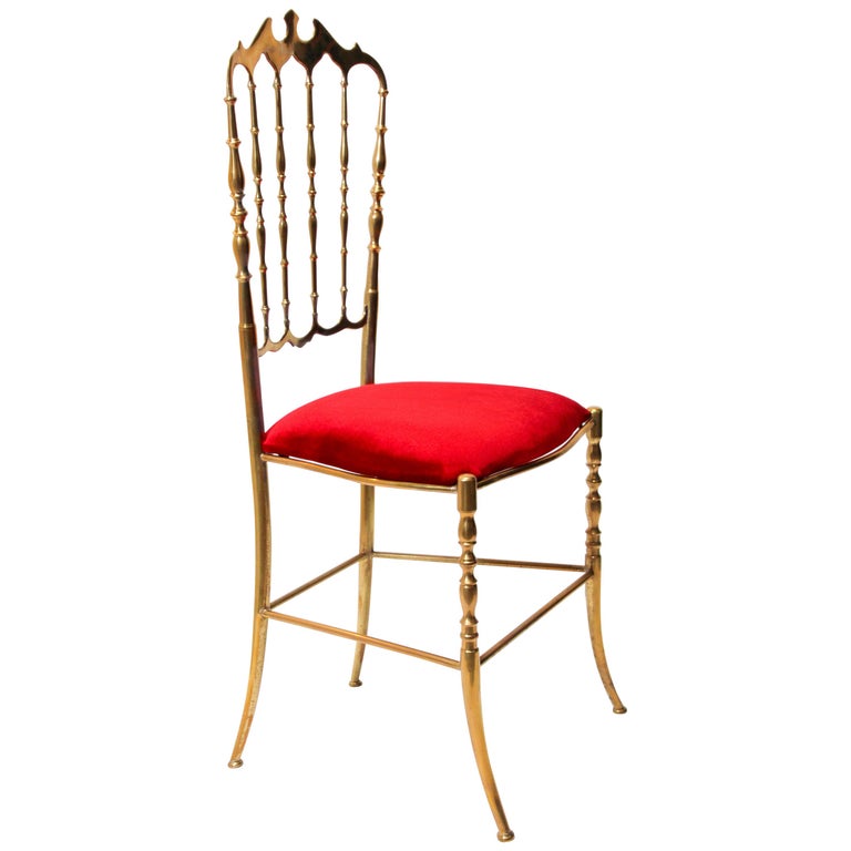 Polished Brass Chiavari Chair with Red Velvet, Italy, 1960s For Sale
