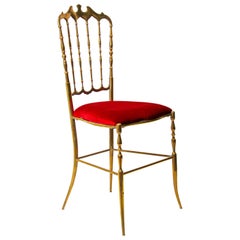 Polished Brass Chiavari Chairs with Red Velvet, Italy, 1960s