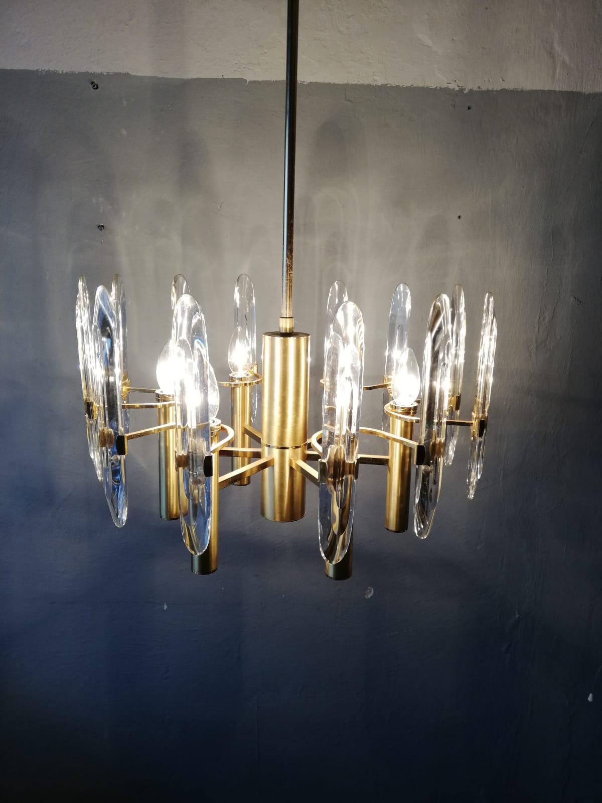 Polished Brass & Crystal 6 Armed Chandelier by Gaetano Sciolari, 1960s, Italy For Sale 3