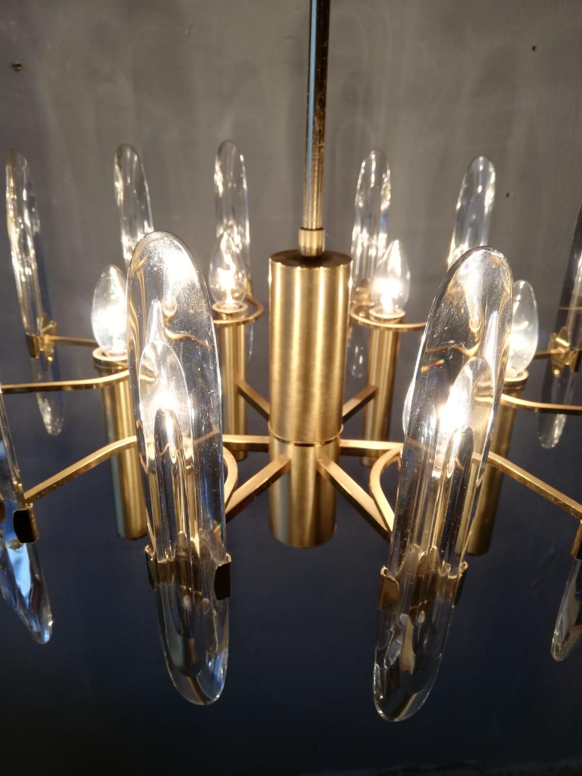 Polished Brass & Crystal 6 Armed Chandelier by Gaetano Sciolari, 1960s, Italy For Sale 5