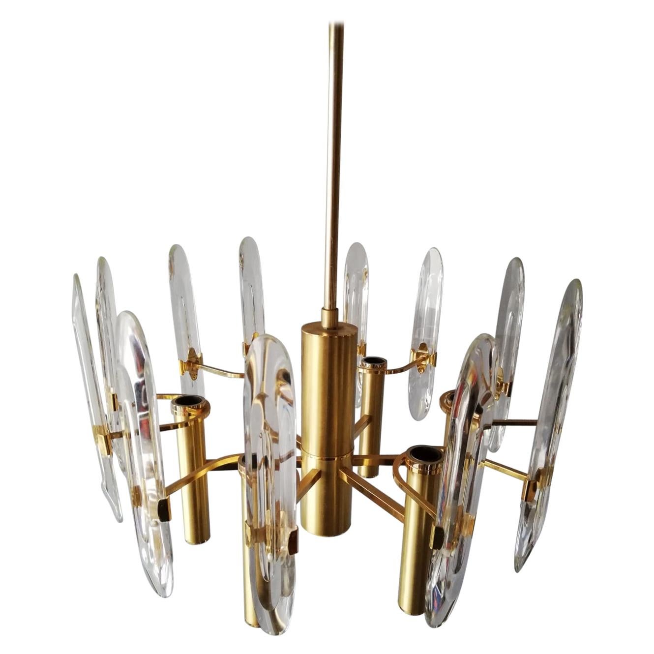 Polished Brass & Crystal 6 Armed Chandelier by Gaetano Sciolari, 1960s, Italy For Sale