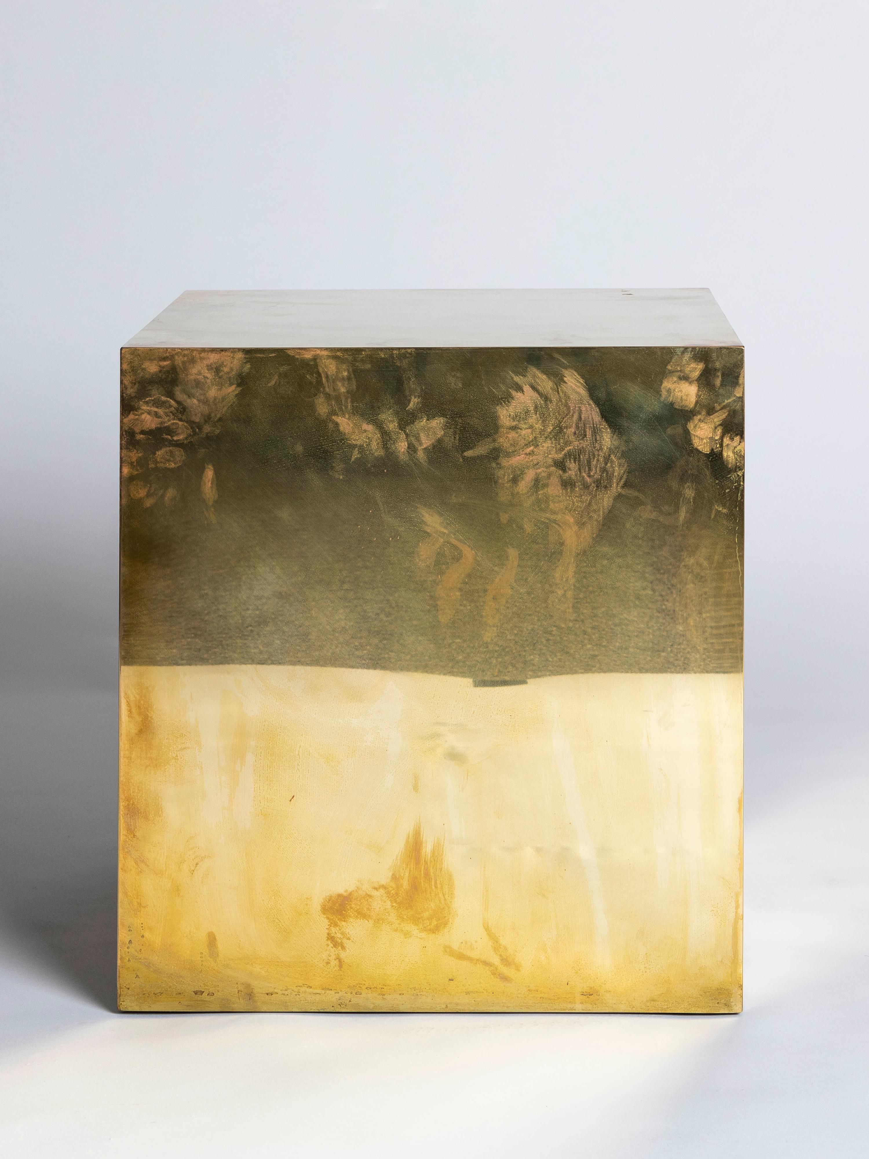 Polished brass cube side table, handmade in Germany by Birgit Israel.
